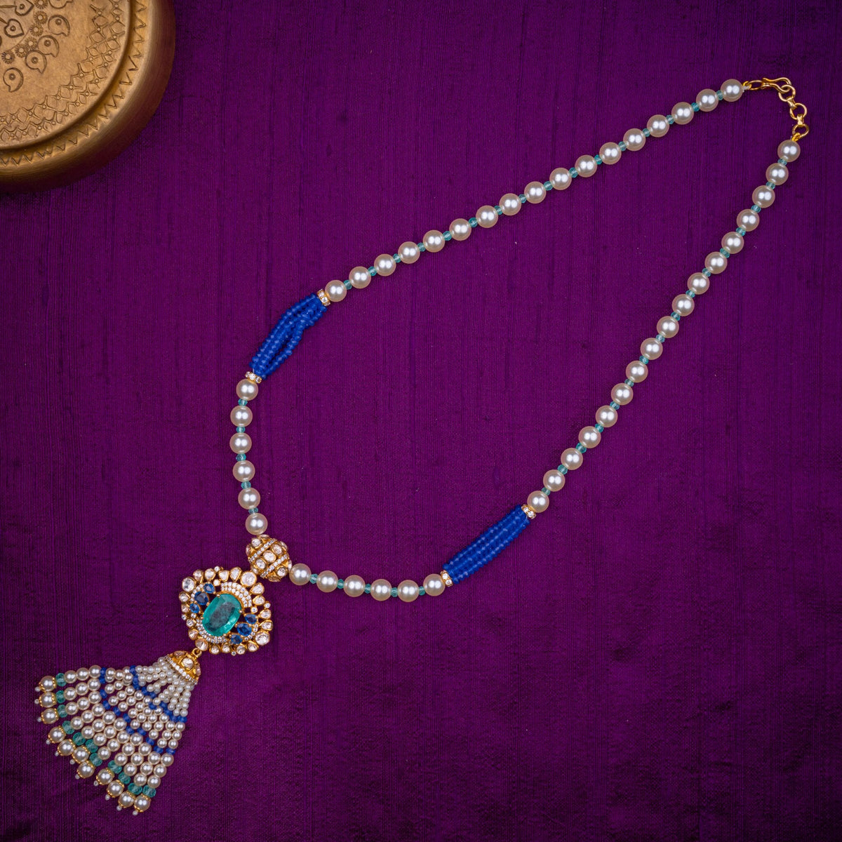 Samudrika Tassel Necklace - long pearl necklace with tassel pendant, set with aqua stone, moissanites, fresh water pearls and blue and aqua beads, in 92.5 sterling silver with 22k gold plating