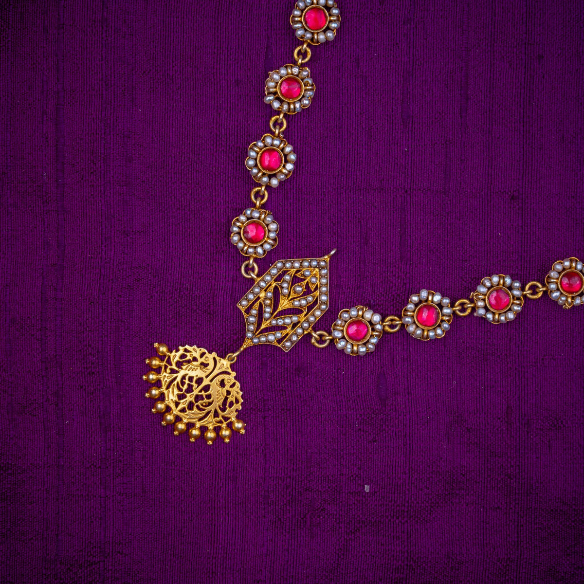 Shonali Necklace - ruby and pearl necklace with peacock pendant, set with ruby stones and fresh water pearls, in 92.5 sterling silver with 22k gold plating - view 3
