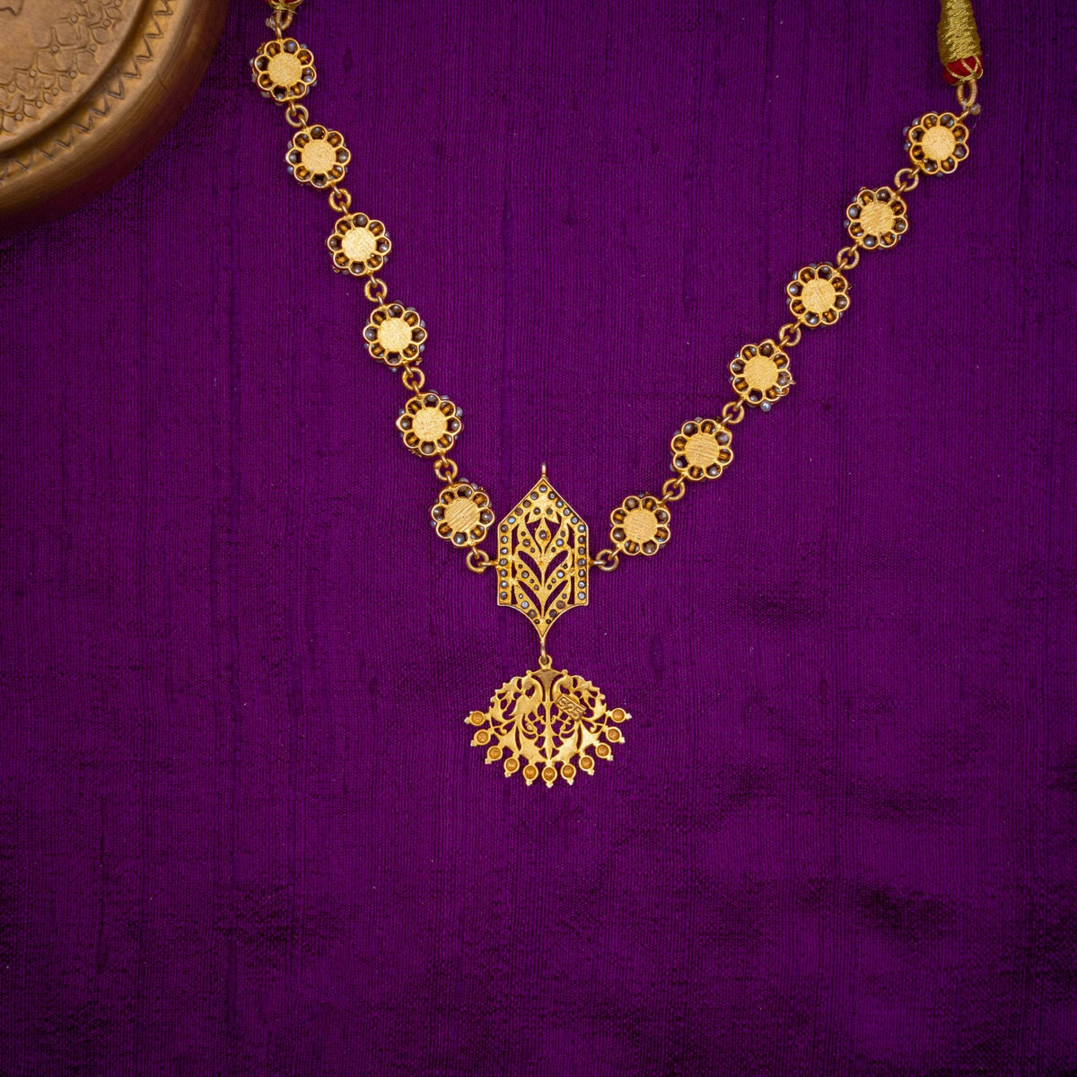 Shonali Necklace - ruby and pearl necklace with peacock pendant, set with ruby stones and fresh water pearls, in 92.5 sterling silver with 22k gold plating - view 5