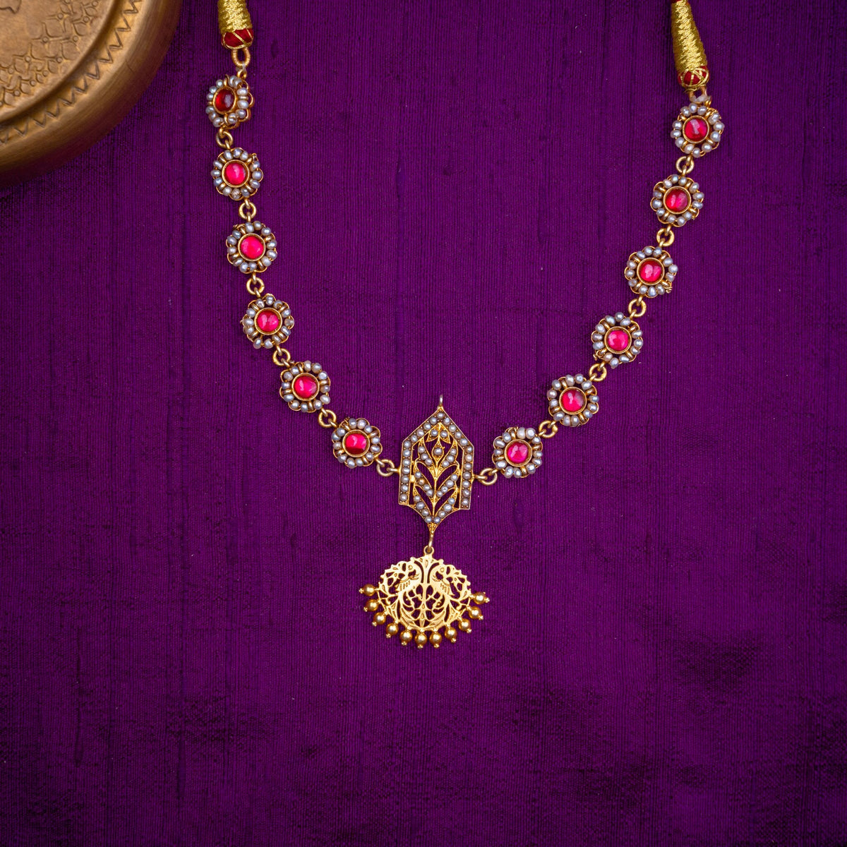 Shonali Necklace - ruby and pearl necklace with peacock pendant, set with ruby stones and fresh water pearls, in 92.5 sterling silver with 22k gold plating