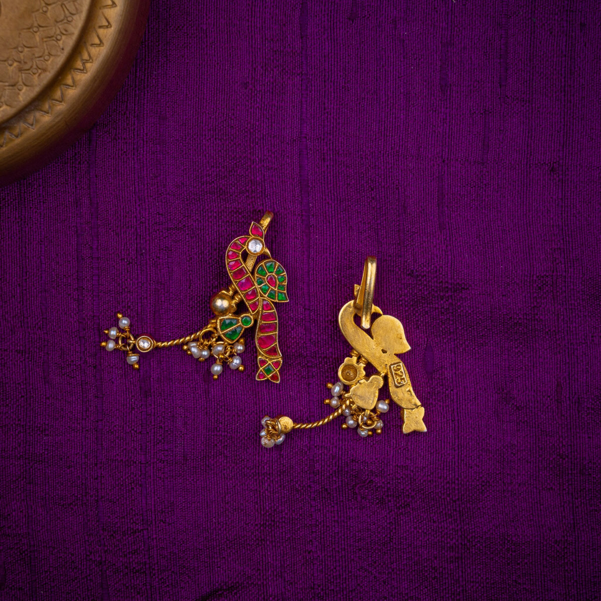 Shukapriya Bugadi - parrot bugadi with pearl clusters, set with ruby and emerald kundan and fresh water pearls, in 92.5 sterling silver with 22k gold plating - view 3