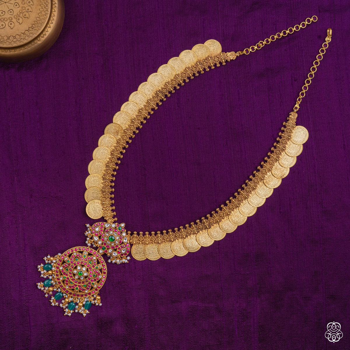 Swarna Lakshmi Kasumala gold coin necklace with kundan pendant in 92.5 sterling silver with 22k gold plating