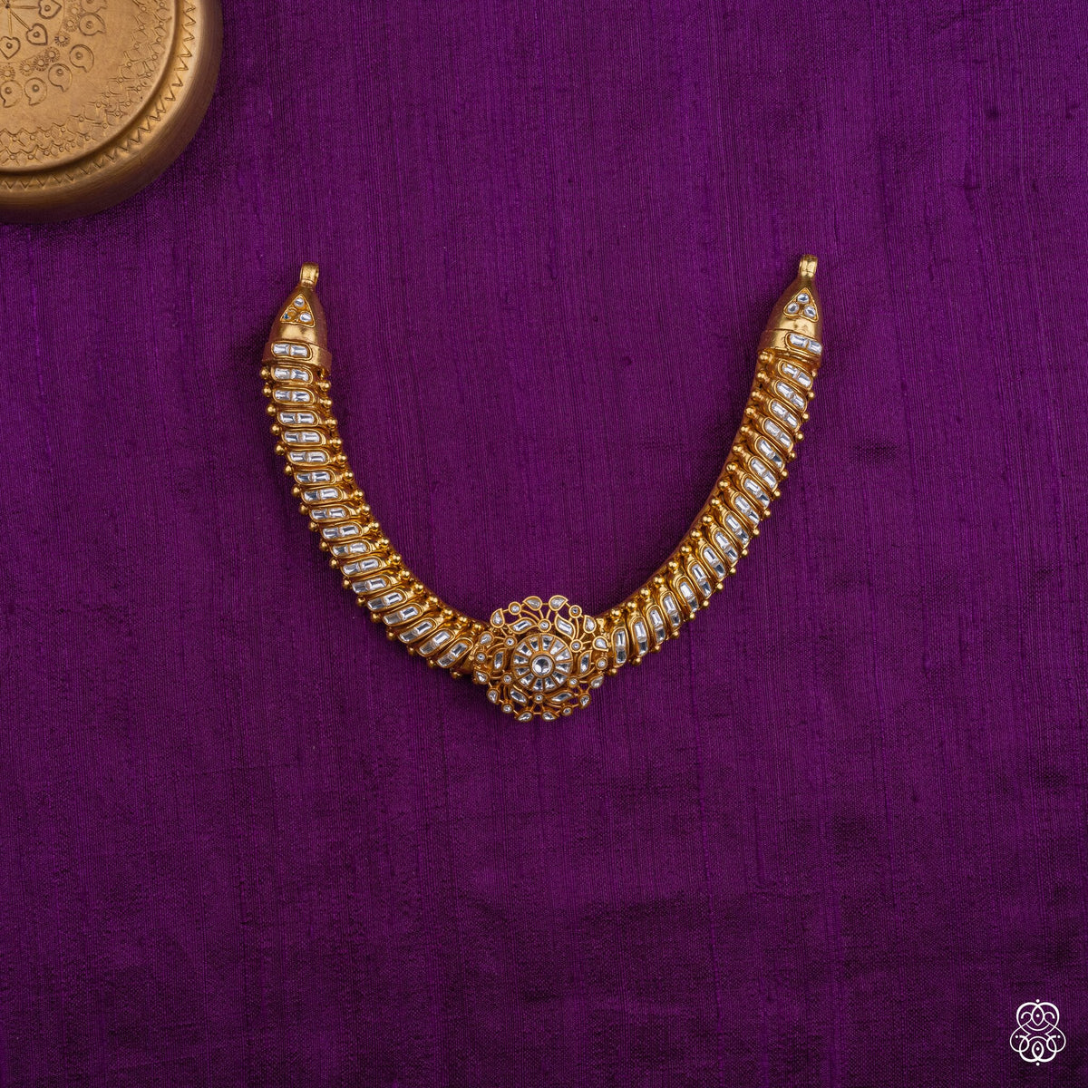 Vasumati slim white kundan choker with floral centre in 92.5 sterling silver with 22k gold plating