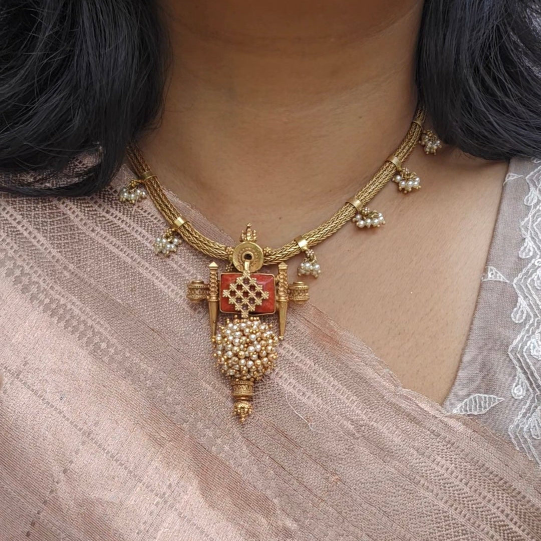 Antique Coral and Pearl Temple Pendant in 925 silver, front view