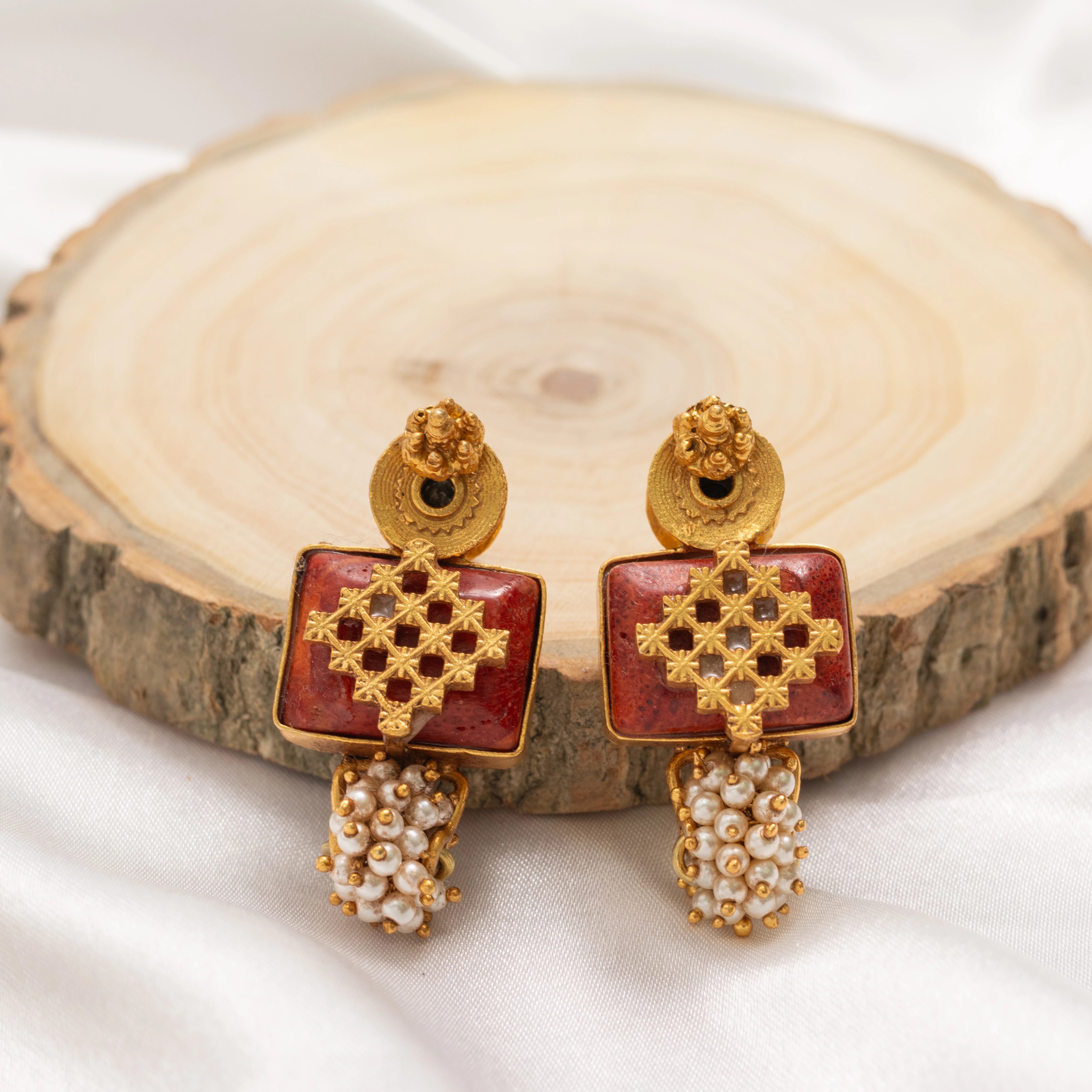 Antique Coral & Pearl Temple Earrings