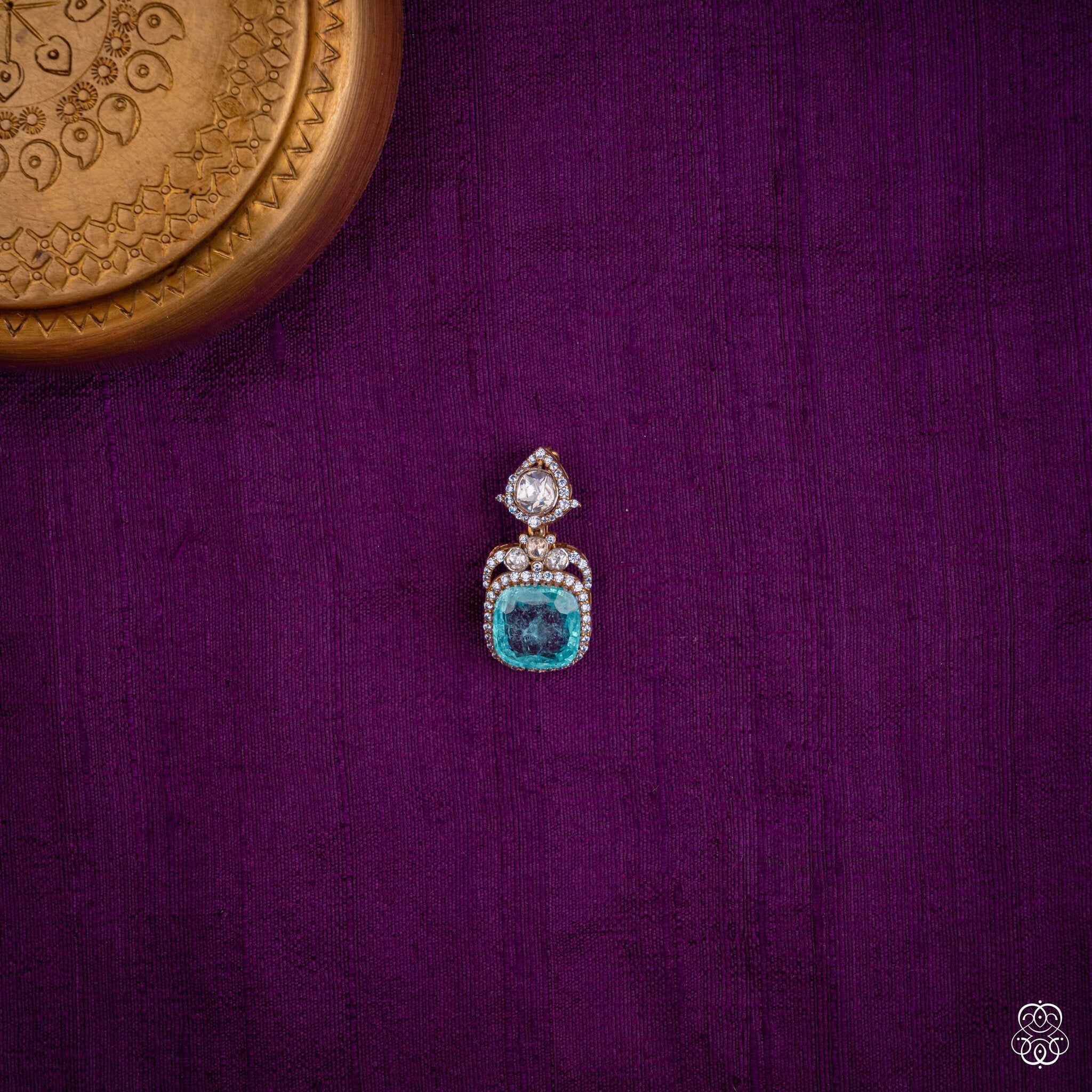 Ambujakshi pendant with an aqua lab-grown emerald cushion and rose-cut moissanites in 92.5 sterling silver with 22k gold plating