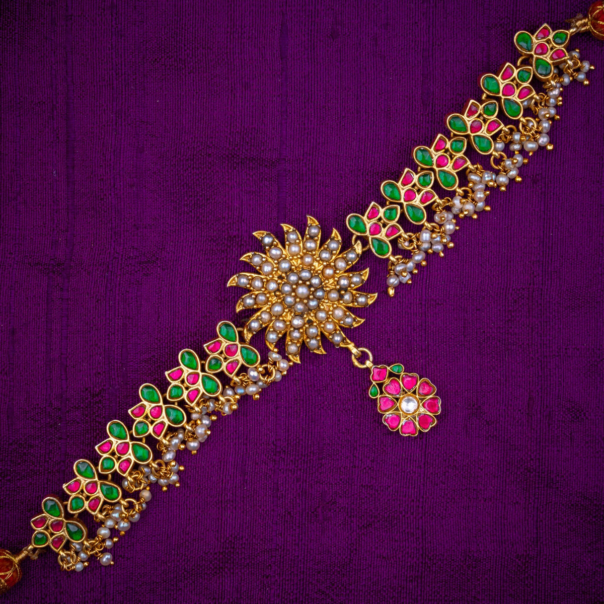 Arunodaya Choker - sunburst choker with dori, set with ruby and emerald kundan and fresh water pearls, in 92.5 sterling silver with 22k gold plating - view 2