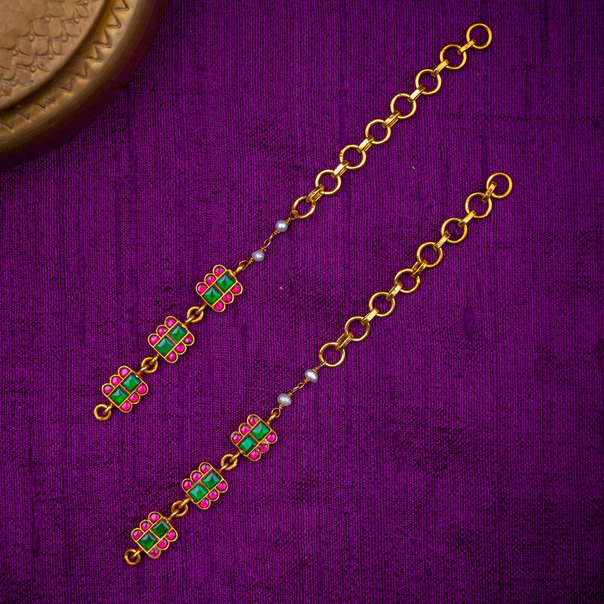 Chaturika Matilu - ear chains with geometric kundan motifs, set with ruby and emerald kundan and fresh water pearls, in 92.5 sterling silver with 22k gold plating