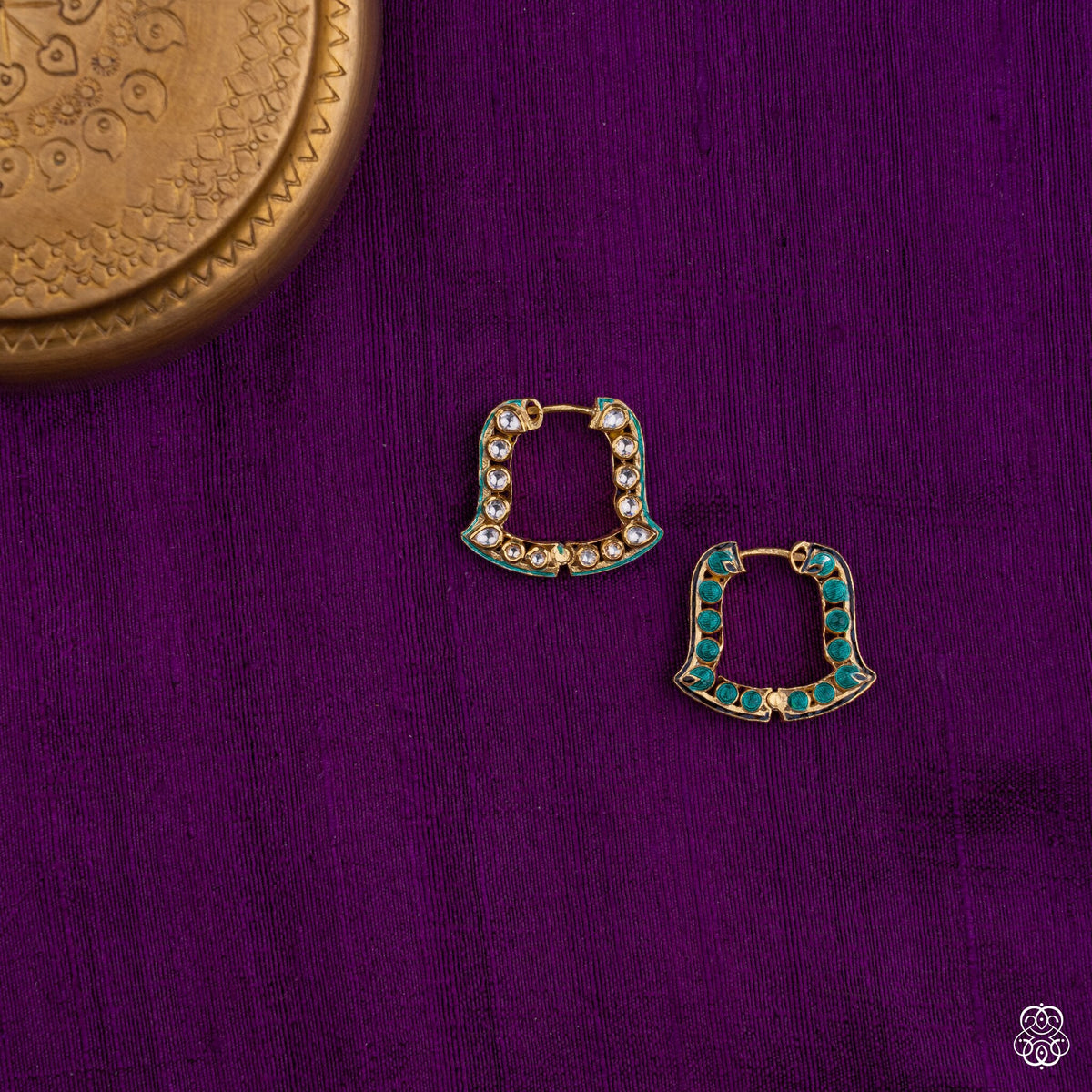 Chaukhat square kundan bali earrings with teal meenakari enamel in 92.5 sterling silver with 22k gold plating