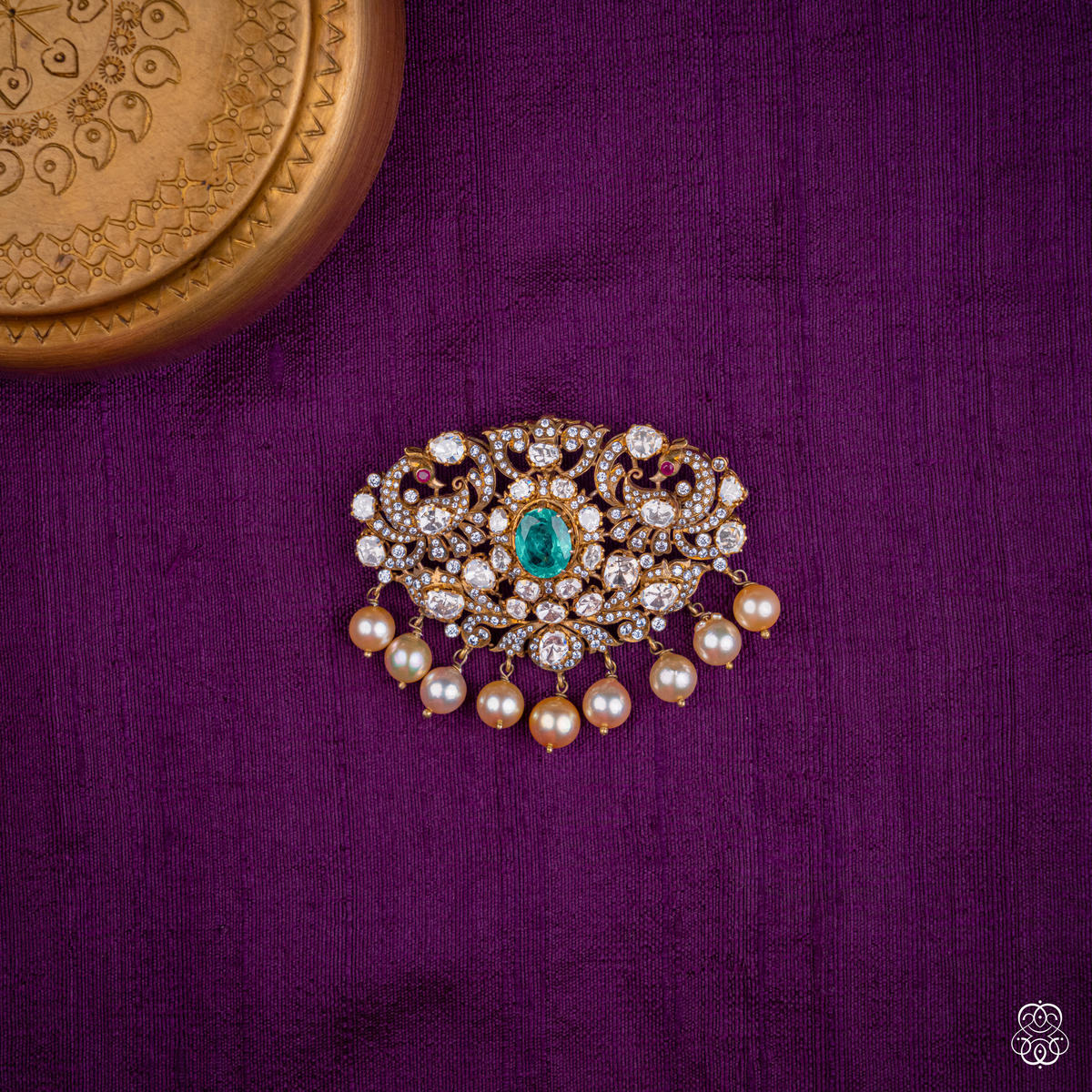 Ratnamukhi pendant with a lab-grown emerald, moissanite mandala and freshwater pearl fringe in 92.5 sterling silver with 22k gold plating