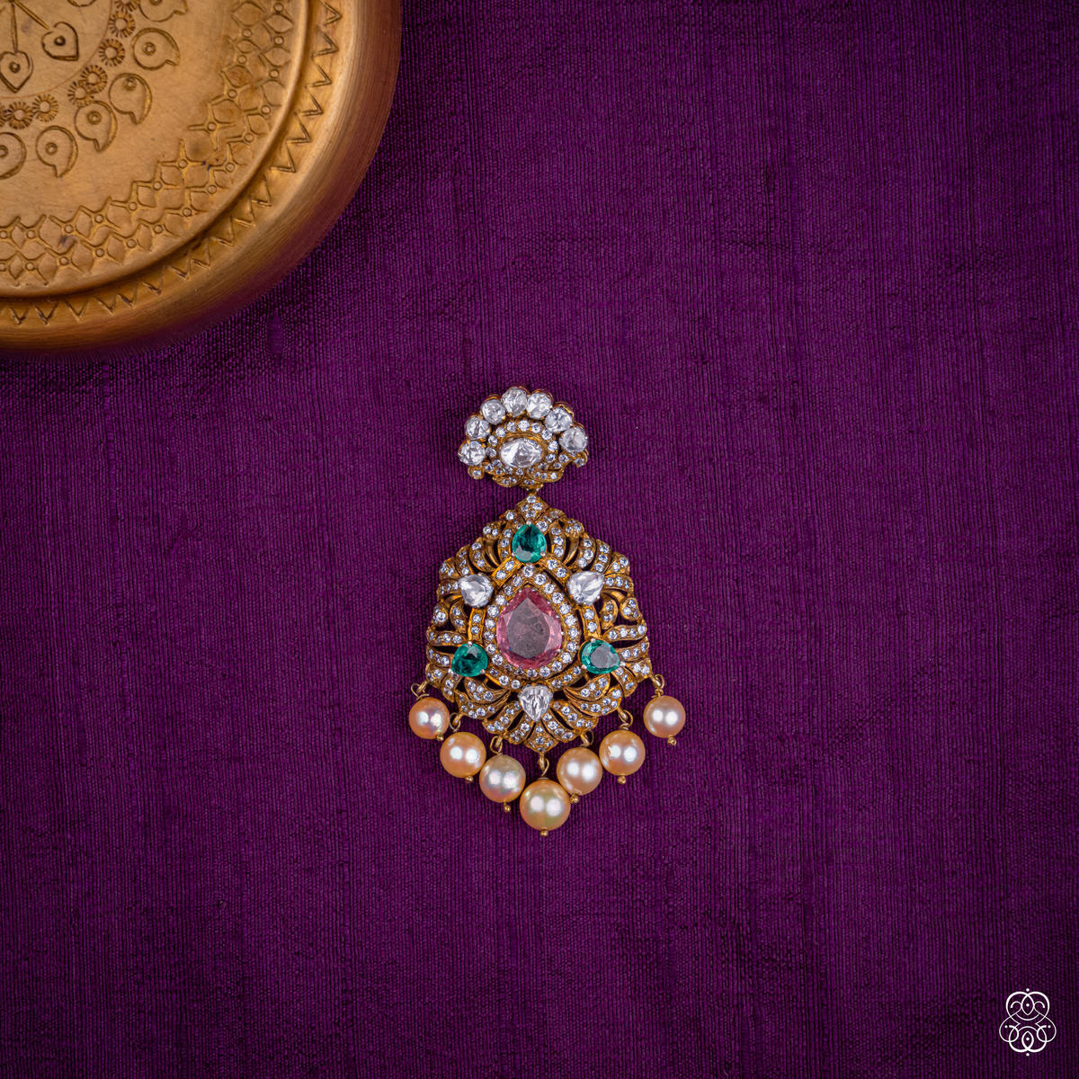 Padmaraga pendant with pink lab-grown tourmaline, emeralds, moissanites and pearls in 92.5 sterling silver with 22k gold plating