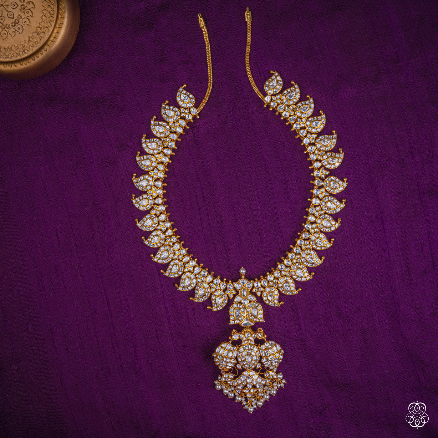 Amravalli Mango Mala moissanite necklace with peacock pendant, uncut moissanite and fresh water pearls in 92.5 sterling silver with 22k gold plating