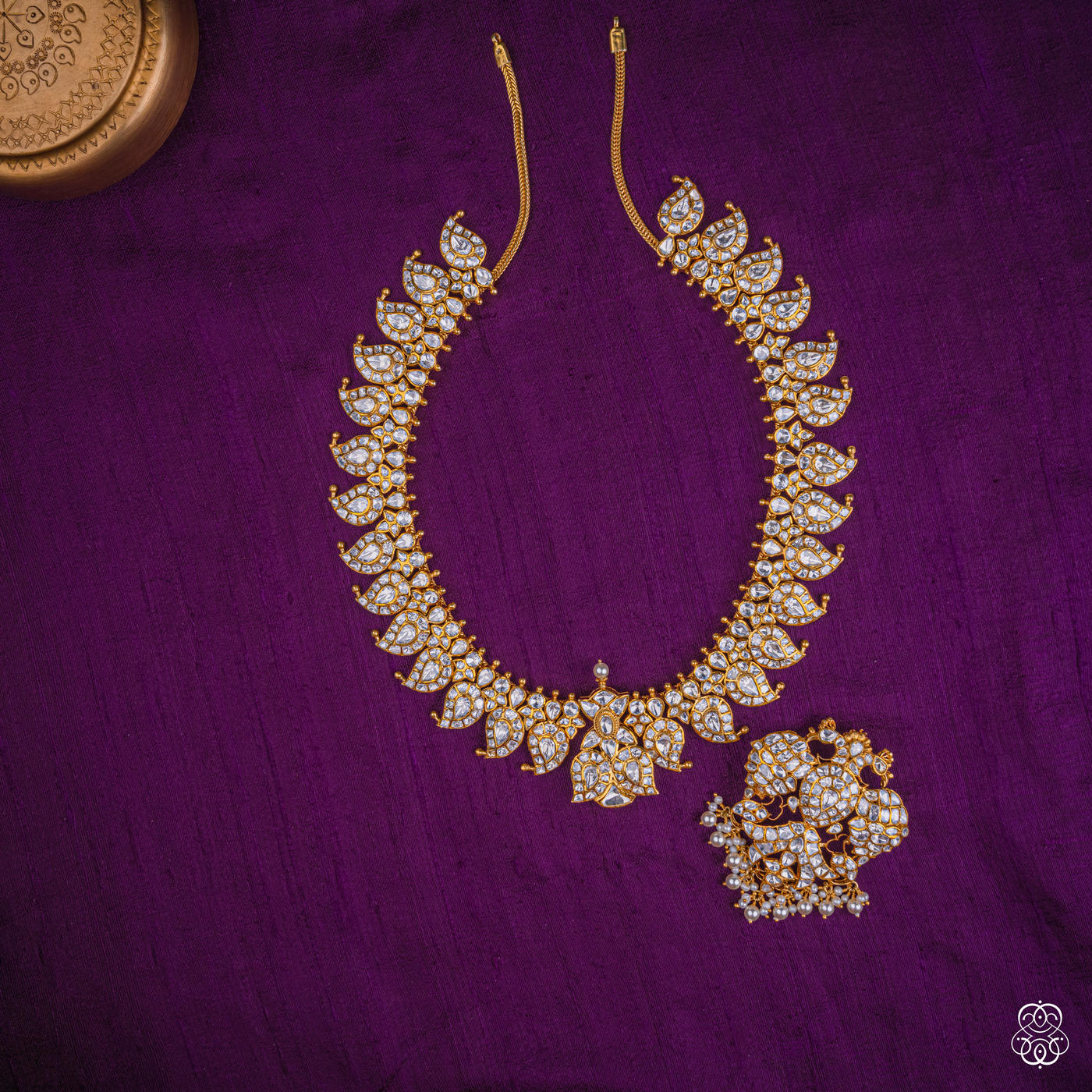 Amravalli Mango Mala moissanie necklace with peacock pendant, uncut moissanite and fresh water pearls in 92.5 sterling silver with 22k gold plating