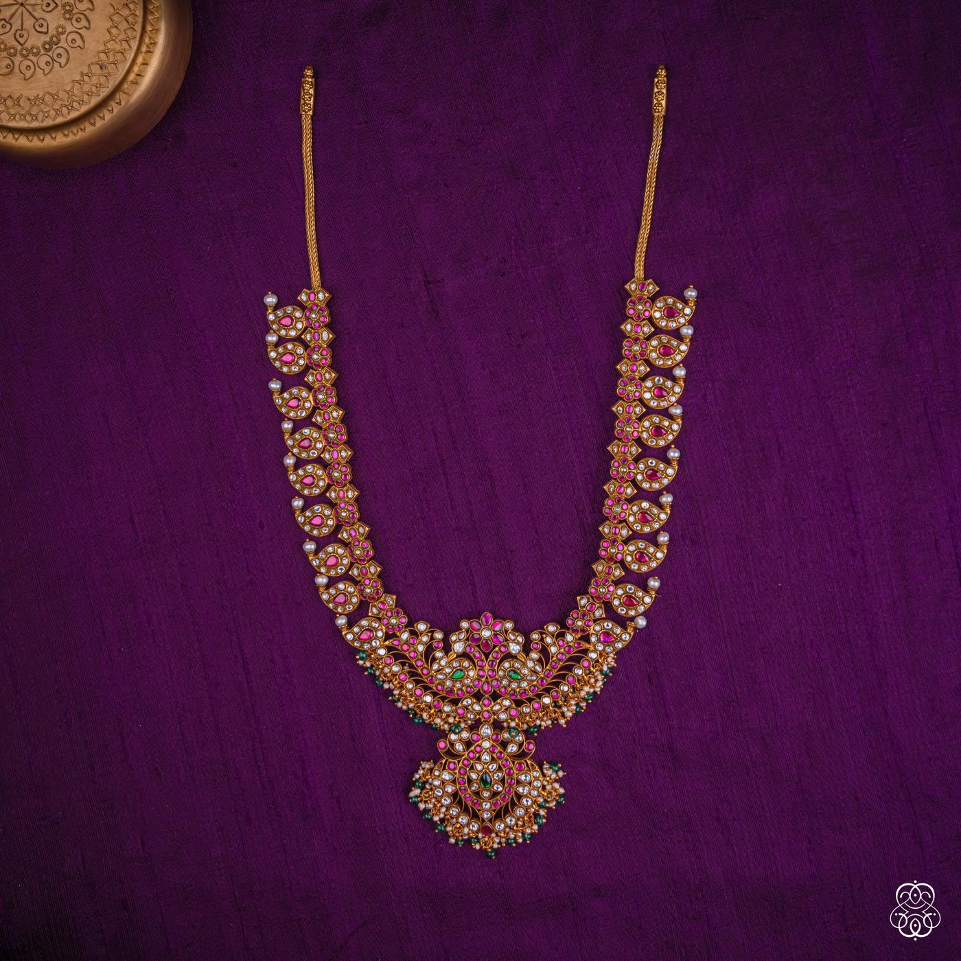 Manjulika long mango haaram in ruby, moissanite, emerald beads and fresh water pearls, 92.5 sterling silver with 22k gold plating