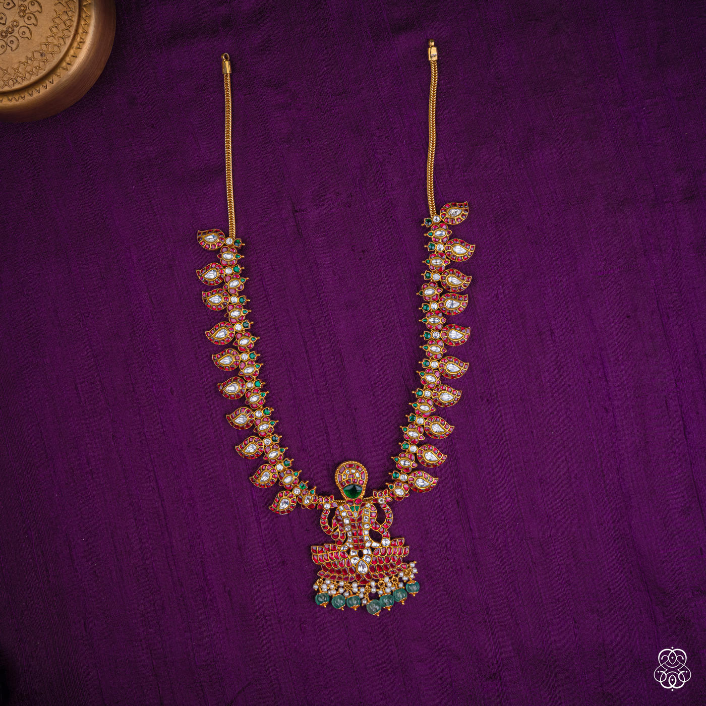 Alamelu Lakshmi temple haaram with Goddess Lakshmi pendant in ruby, moissanite and emerald beads, 92.5 sterling silver with 22k gold plating