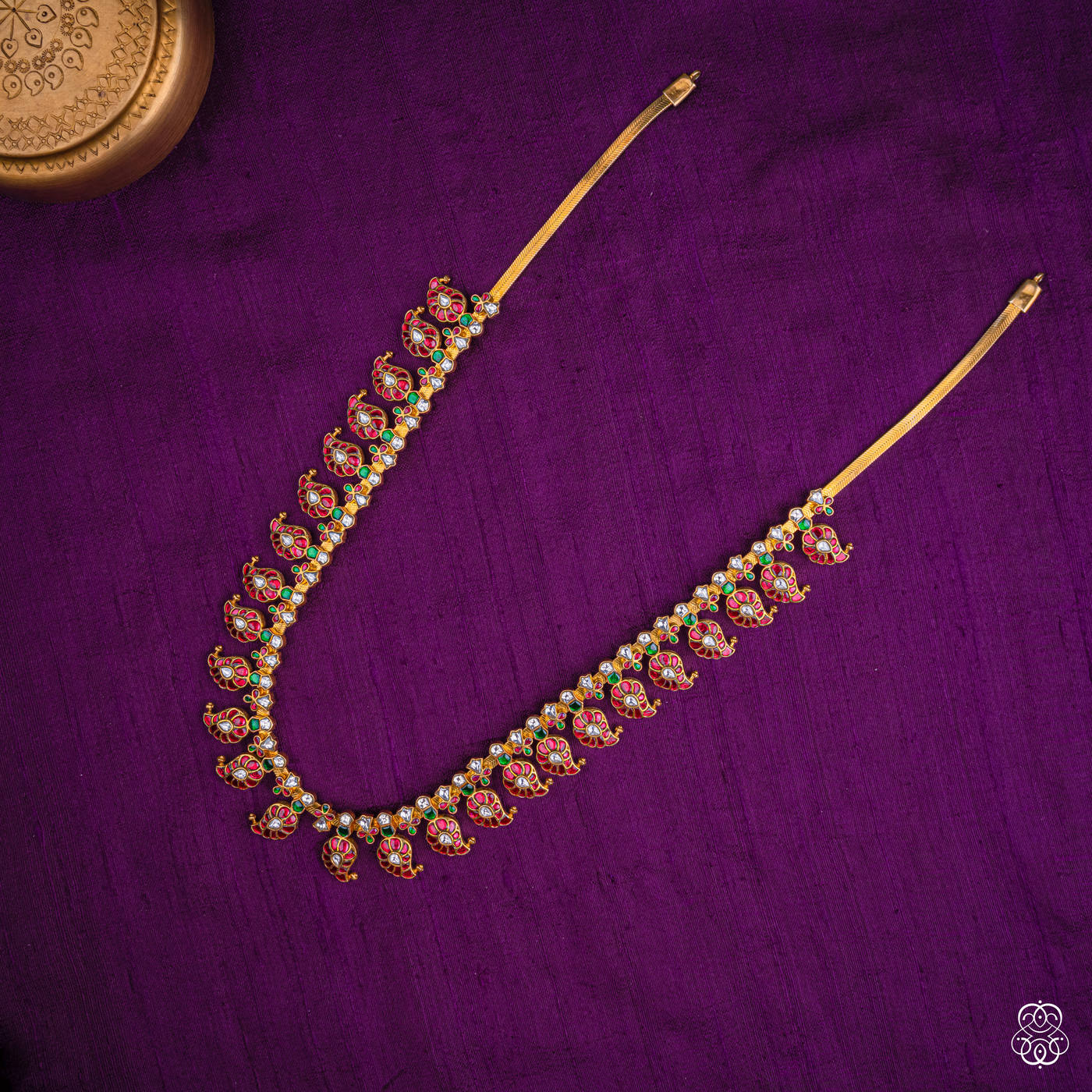 Rukmini single-row mango mala necklace in ruby and emerald, 92.5 sterling silver with 22k gold plating