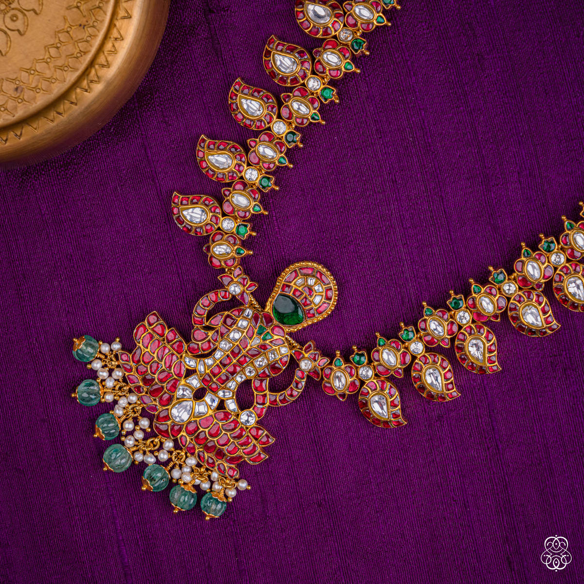 Alamelu Lakshmi temple haaram with Goddess Lakshmi pendant in ruby, moissanite and emerald beads, 92.5 sterling silver with 22k gold plating