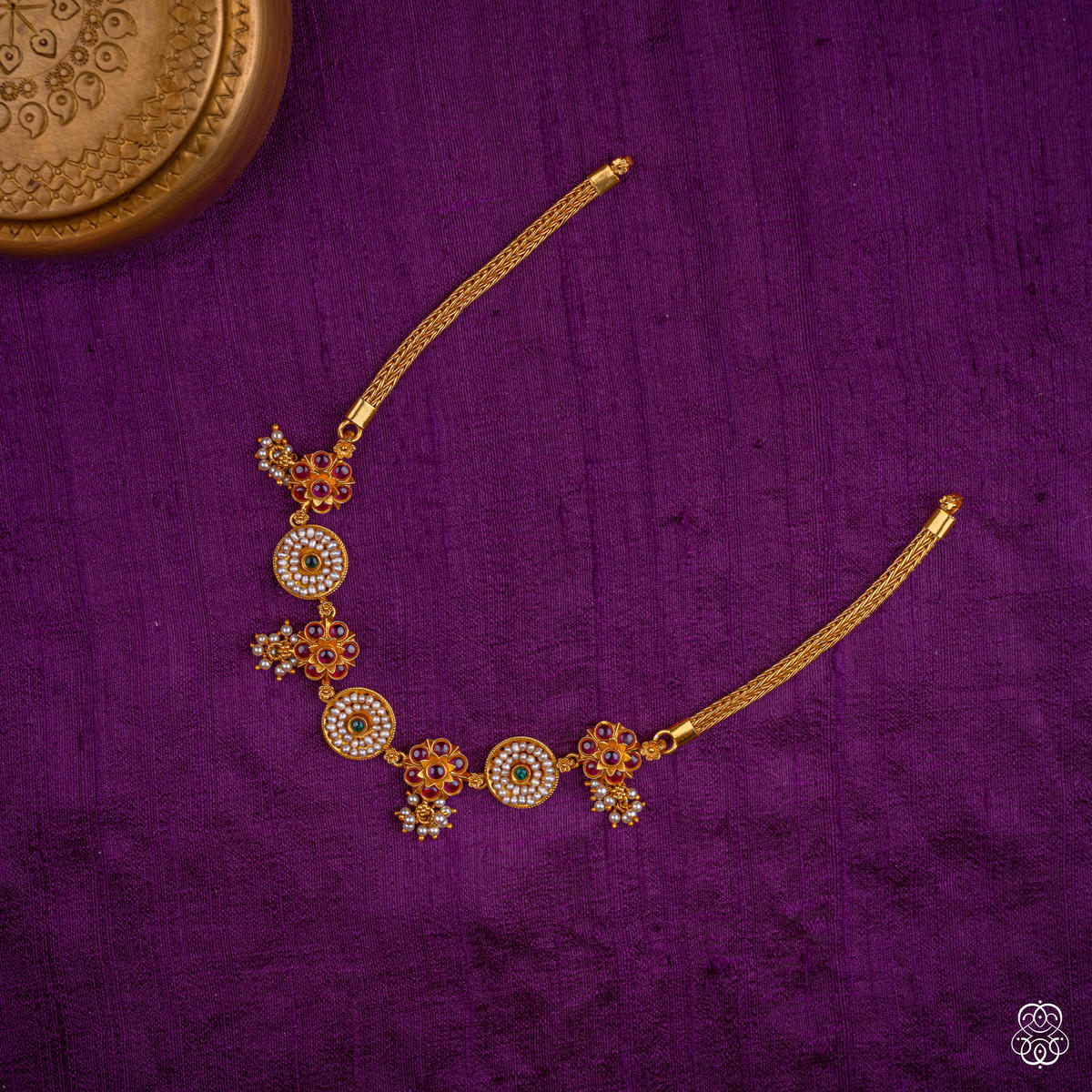 Muktapushpa antique pearl-cluster necklace in fresh water pearls, ruby and emerald, 92.5 sterling silver with 22k gold plating