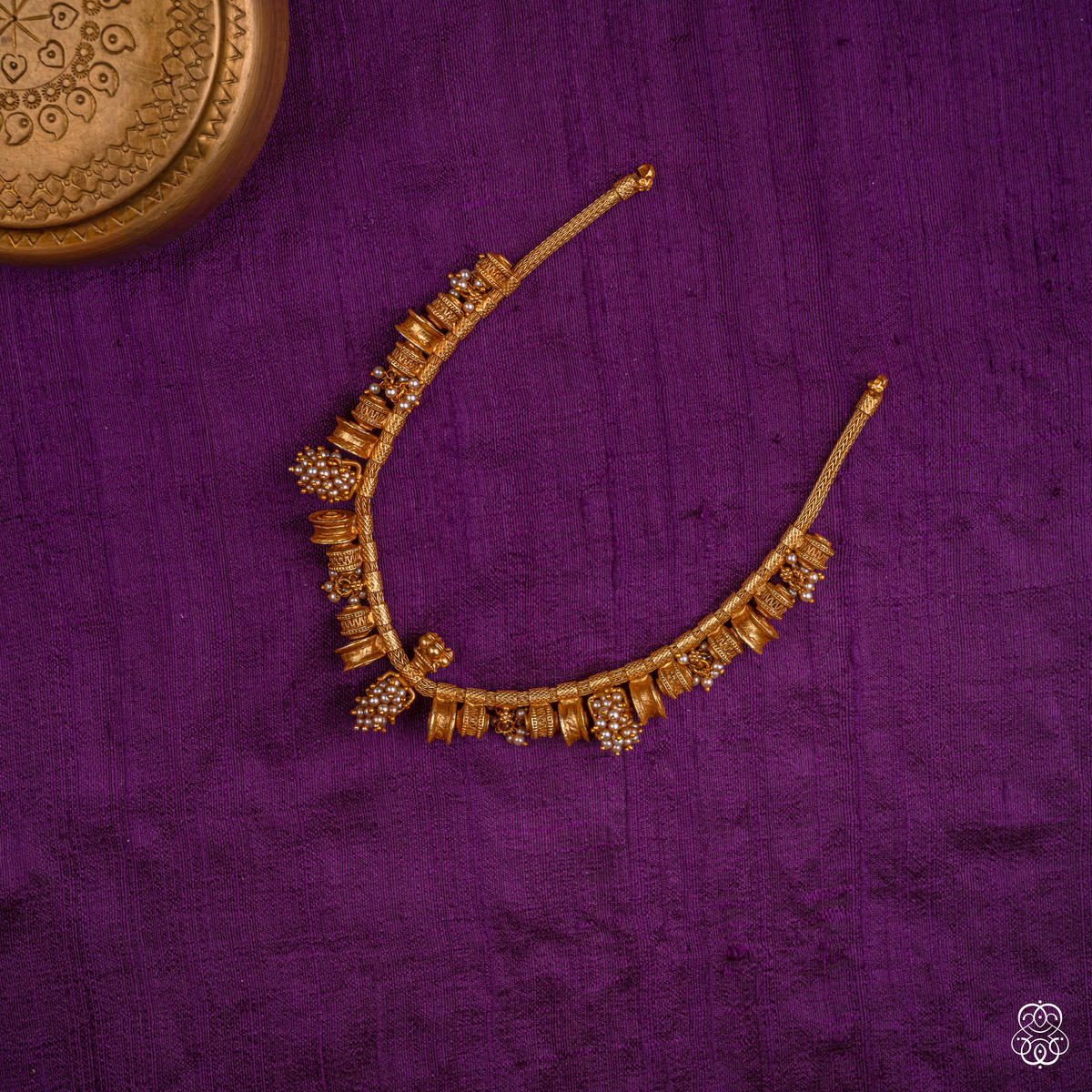 Swarnadhara antique gold collar necklace with fluted motifs and fresh water pearls, 92.5 sterling silver with 22k gold plating