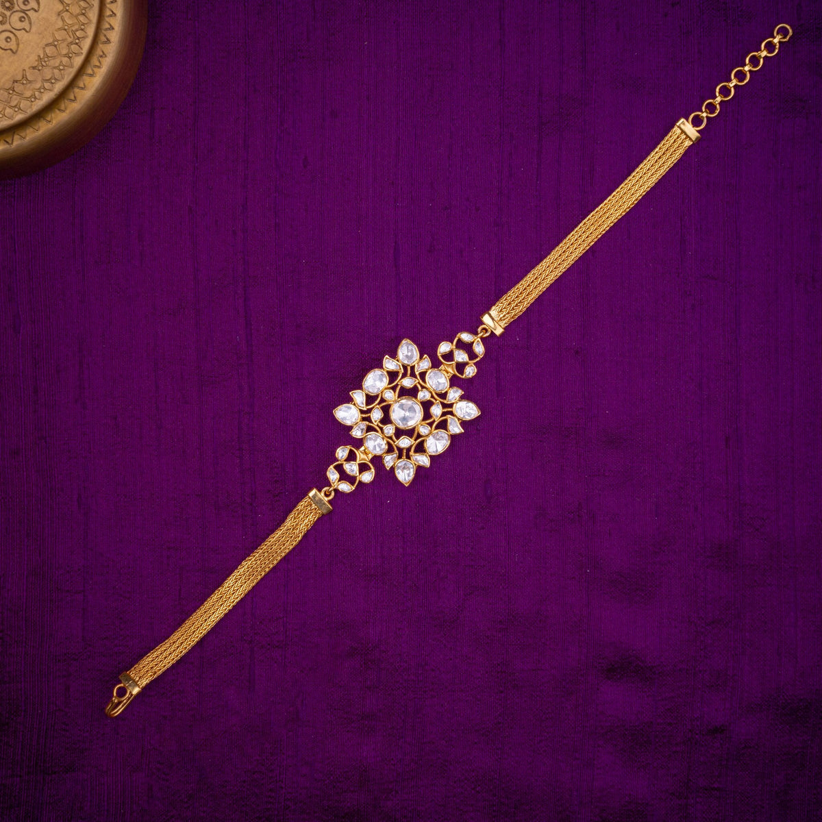Deepika Polki Bracelet - polki-look bracelet on a woven chain, set with moissanites, in 92.5 sterling silver with 22k gold plating