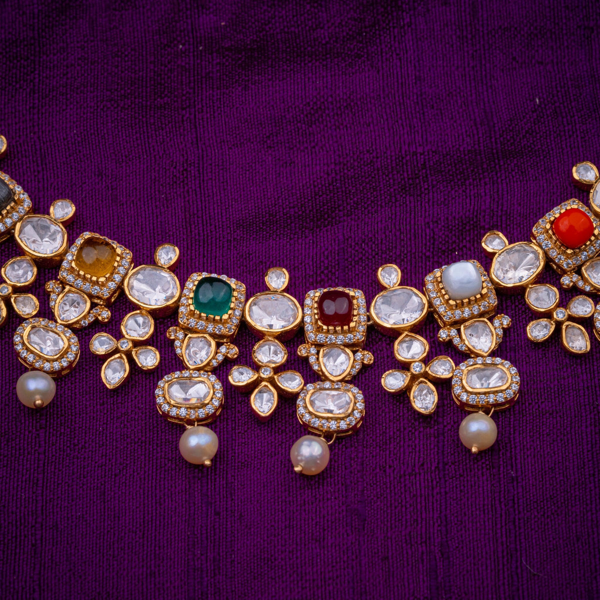 Grahamala Navaratna Necklace - navaratna polki-look necklace, set with moissanites, navaratna stones and fresh water pearls, in 92.5 sterling silver with 22k gold plating - view 2