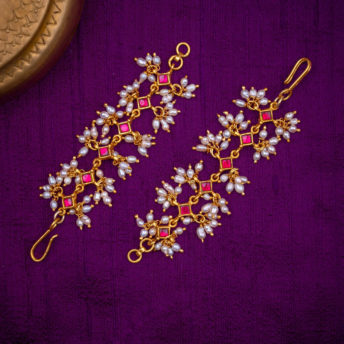 Gucchika Matilu - statement ear chains with pearl bunches, set with ruby kundan and fresh water pearl clusters, in 92.5 sterling silver with 22k gold plating