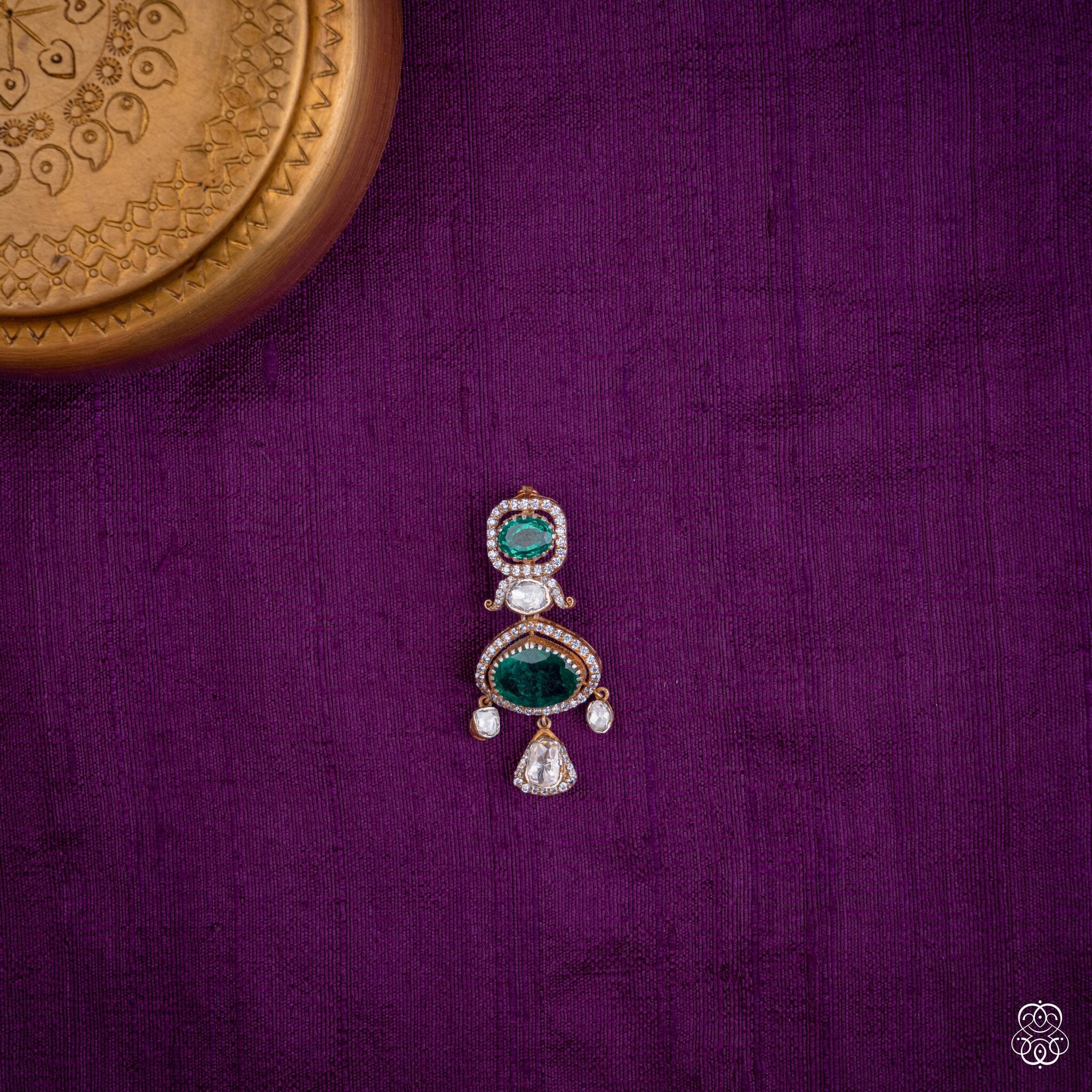 Haritanjali three-tier drop pendant with lab-grown emeralds and moissanites in 92.5 sterling silver with 22k gold plating