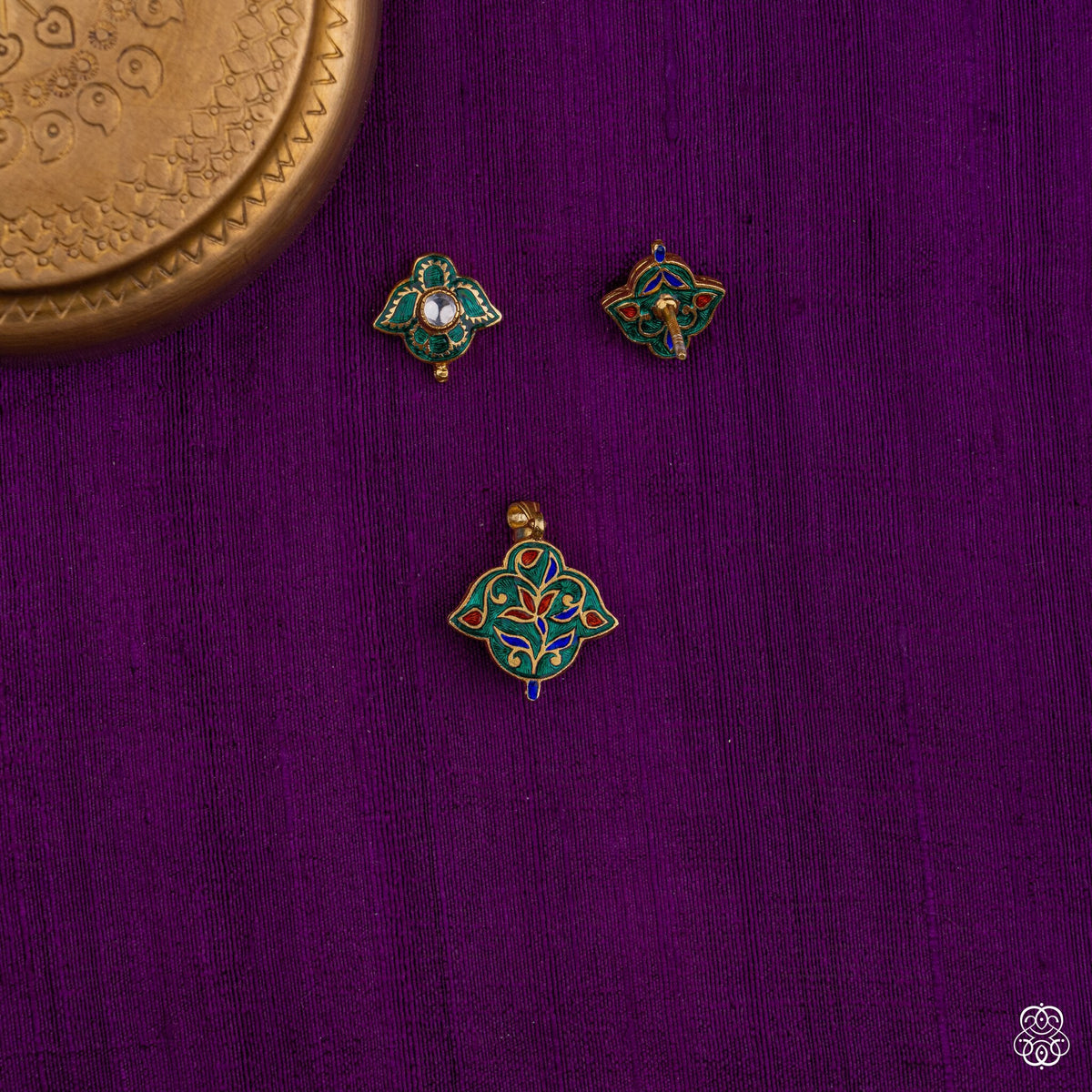 Haritpankh meenakari enamel pendant and stud set in 92.5 sterling silver with 22k gold plating