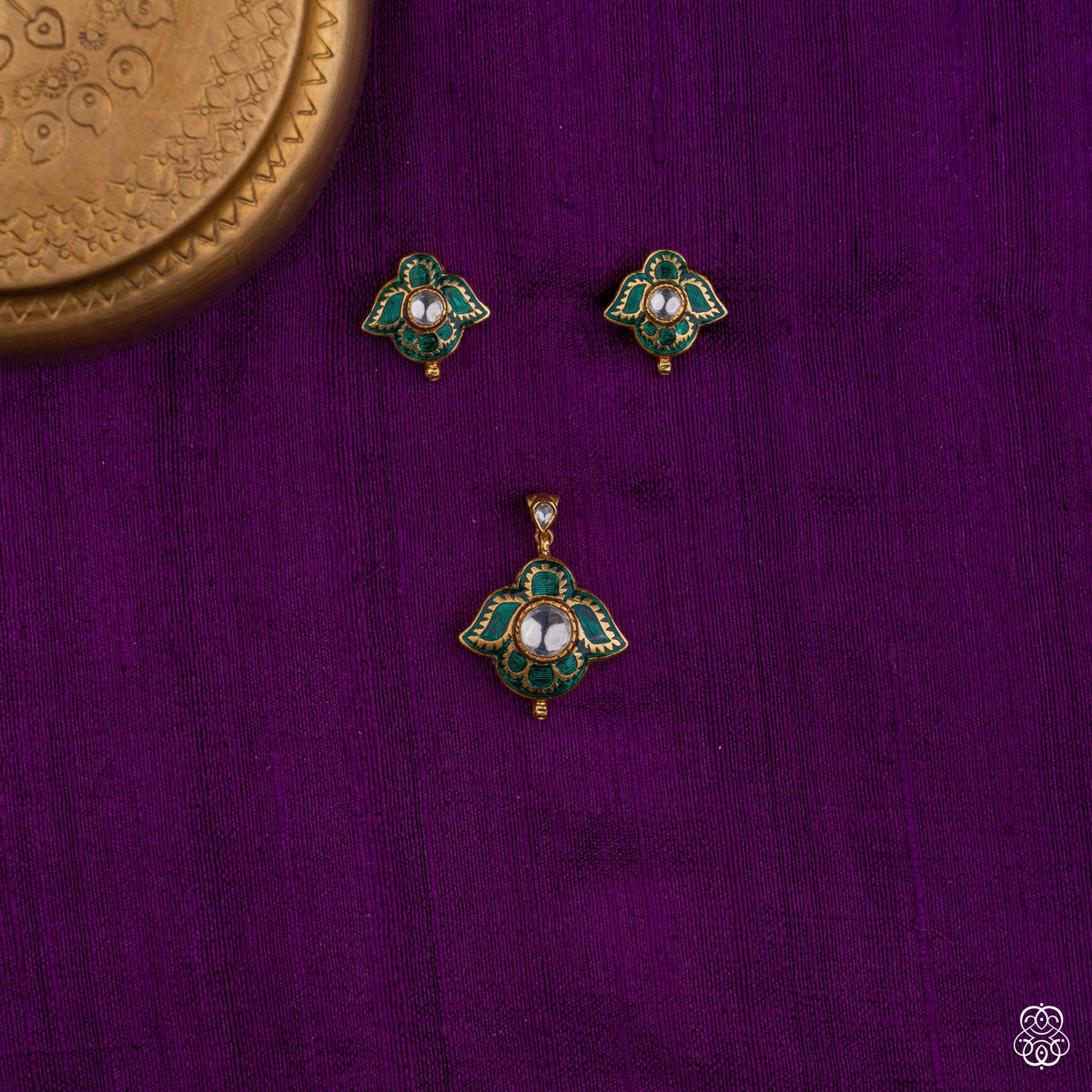 Haritpankh green meenakari pendant with white kundan and matching studs in 92.5 sterling silver with 22k gold plating