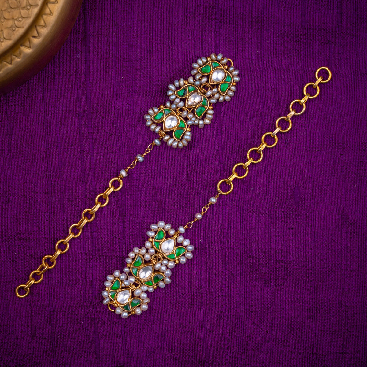 Hariyali Matilu - statement ear chains on a gold link chain, set with emerald and white kundan and fresh water pearls, in 92.5 sterling silver with 22k gold plating
