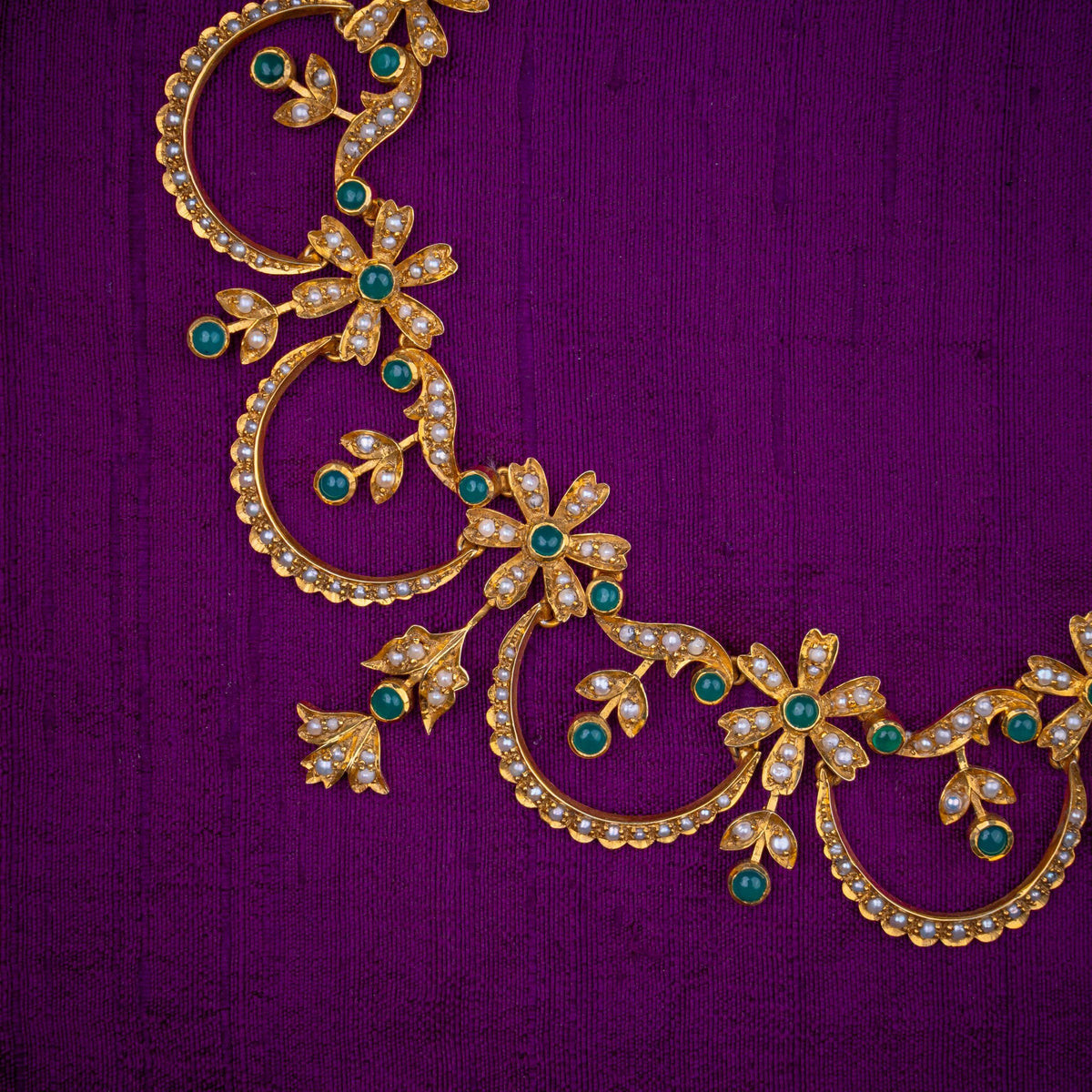Hemalatha Pearl Necklace - vintage floral pearl necklace, set with fresh water pearls and emerald-green stones, in 92.5 sterling silver with 22k gold plating - view 2