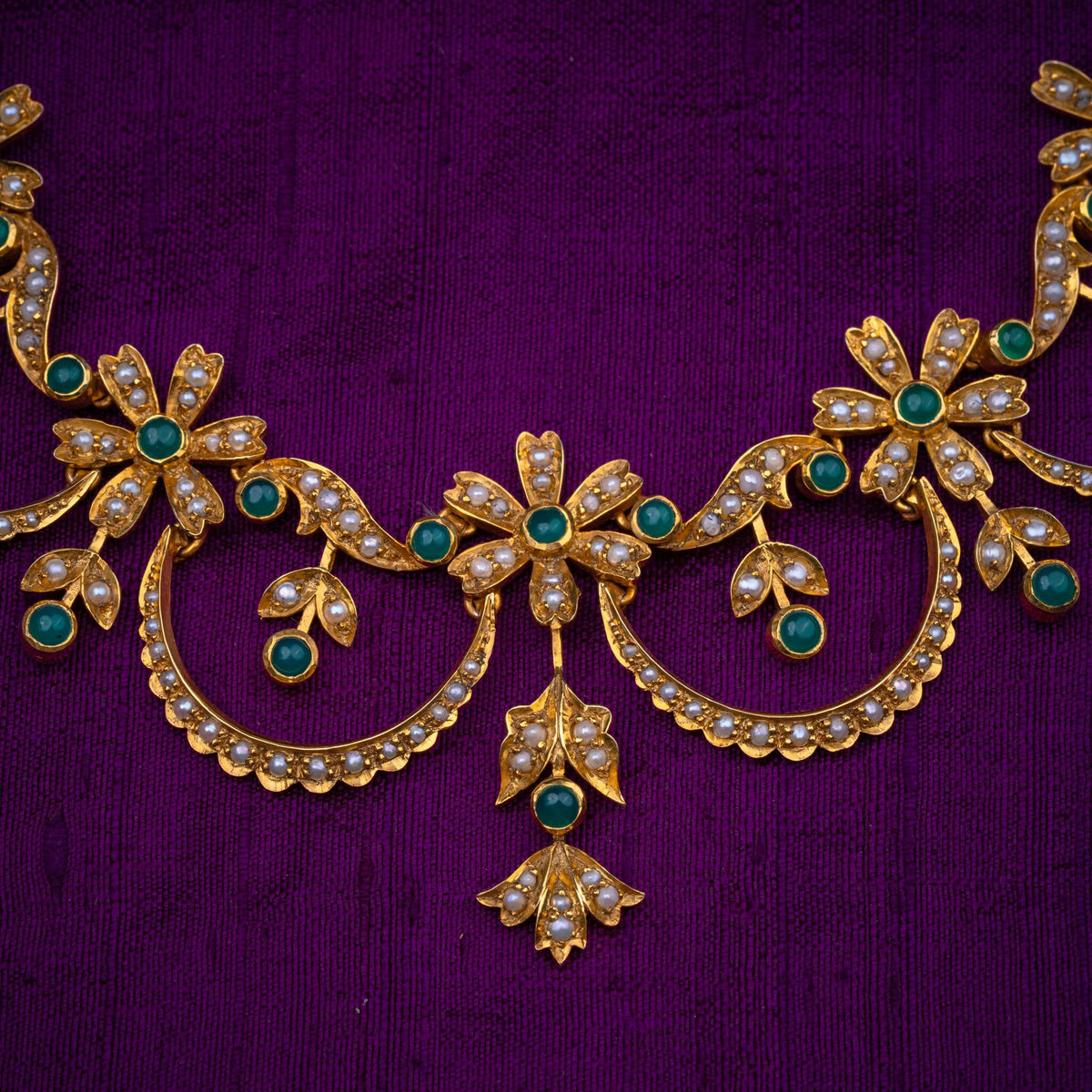 Hemalatha Pearl Necklace - vintage floral pearl necklace, set with fresh water pearls and emerald-green stones, in 92.5 sterling silver with 22k gold plating - view 3