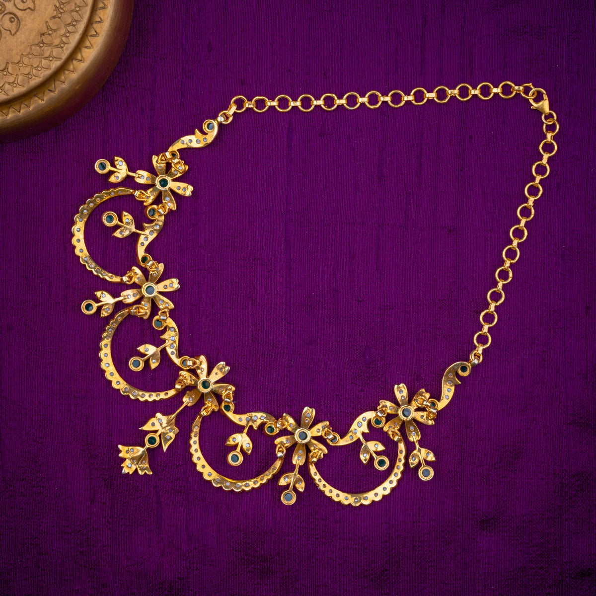 Hemalatha Pearl Necklace - vintage floral pearl necklace, set with fresh water pearls and emerald-green stones, in 92.5 sterling silver with 22k gold plating - view 4