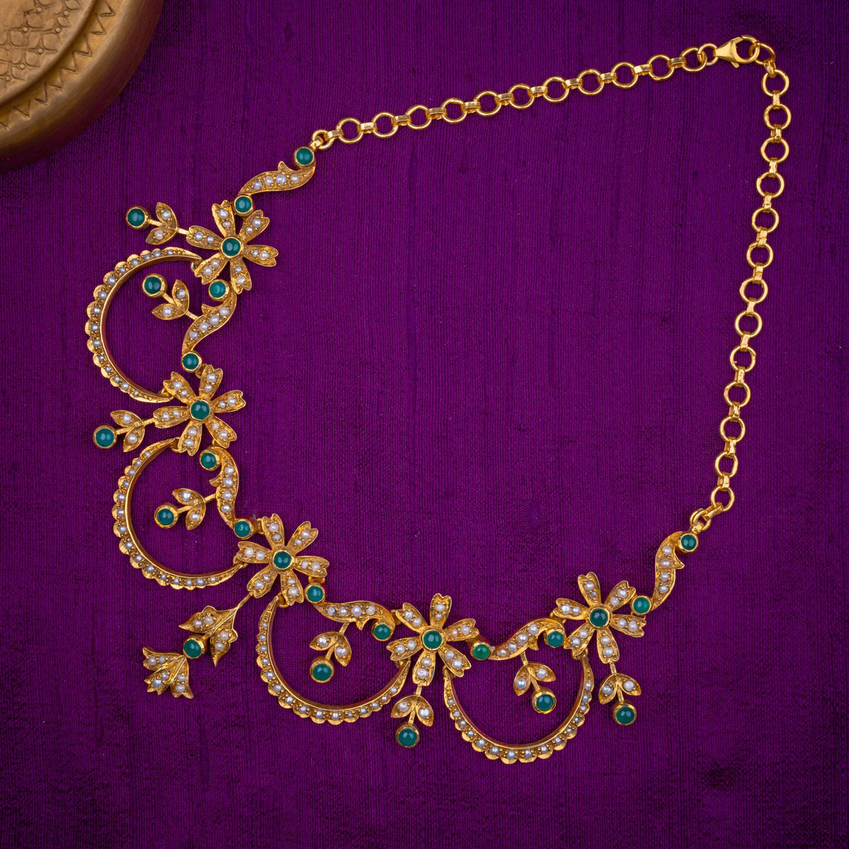 Hemalatha Pearl Necklace - vintage floral pearl necklace, set with fresh water pearls and emerald-green stones, in 92.5 sterling silver with 22k gold plating