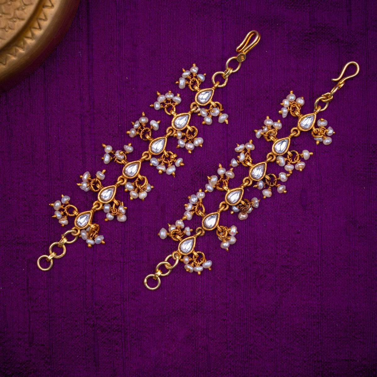 Himani Matilu - statement ear chains with pearl clusters, set with white kundan and fresh water pearls, in 92.5 sterling silver with 22k gold plating