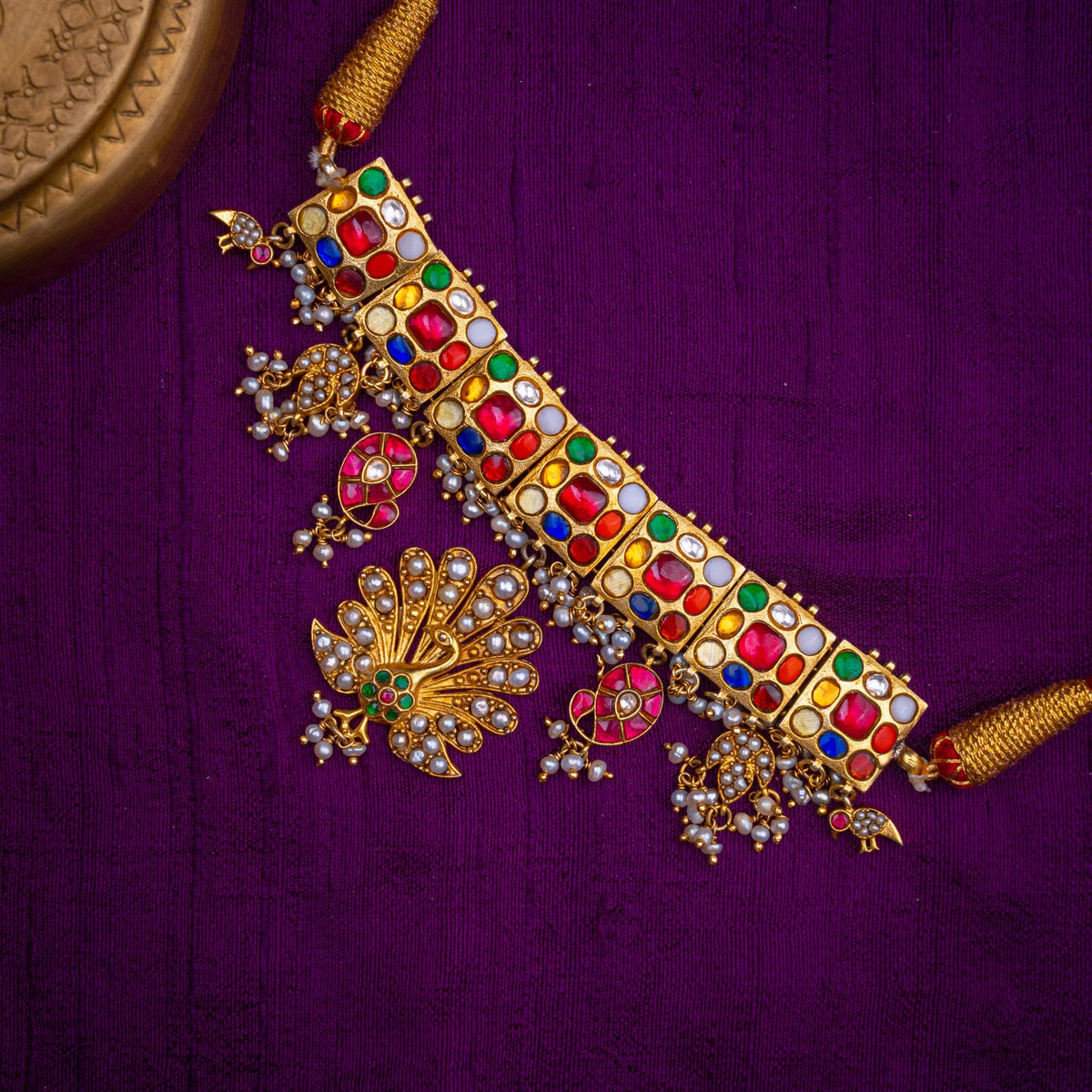 Indradhanush Choker - navaratna choker with peacock drop, set with navaratna kundan, ruby kundan and fresh water pearls, in 92.5 sterling silver with 22k gold plating