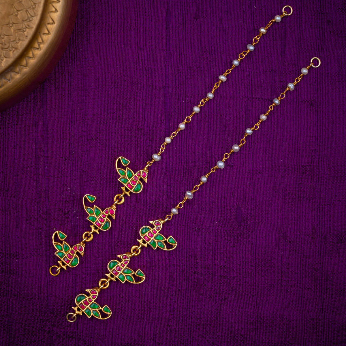 Keeravani Matilu - parrot motif ear chains, set with ruby and emerald kundan and fresh water pearls, in 92.5 sterling silver with 22k gold plating