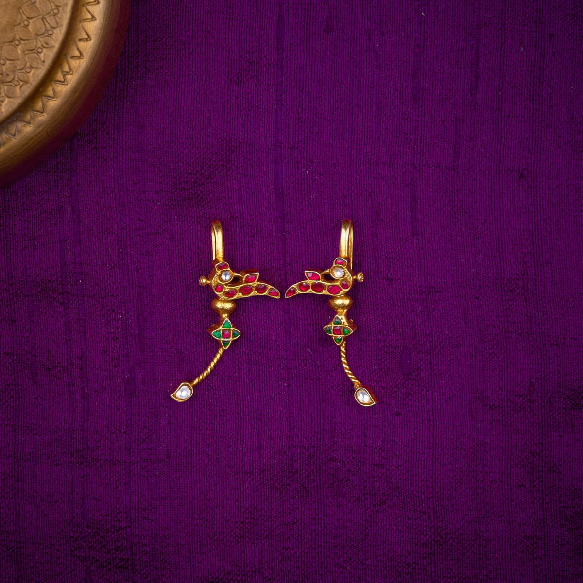 Kokila Bugadi - bird motif bugadi, set with ruby, emerald and white kundan, in 92.5 sterling silver with 22k gold plating