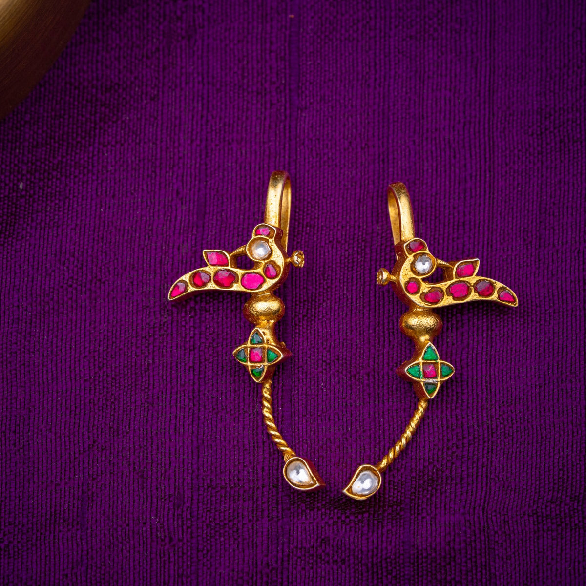 Kokila Bugadi - bird motif bugadi, set with ruby, emerald and white kundan, in 92.5 sterling silver with 22k gold plating - view 2