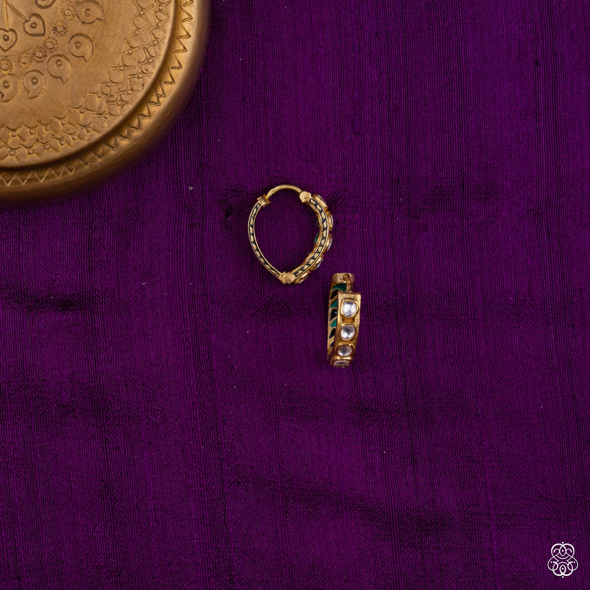 Close view of the vine meenakari enamel on the Latika bali earrings