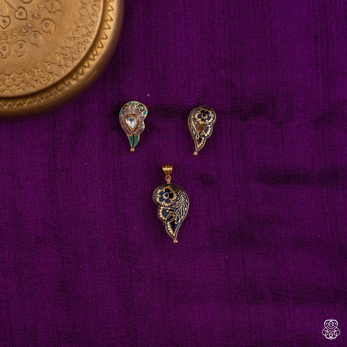 Mankolam mango meenakari pendant and stud set in 92.5 sterling silver with 22k gold plating