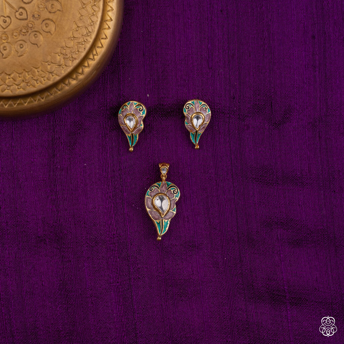 Mankolam mango motif meenakari pendant with white kundan and matching studs in 92.5 sterling silver with 22k gold plating