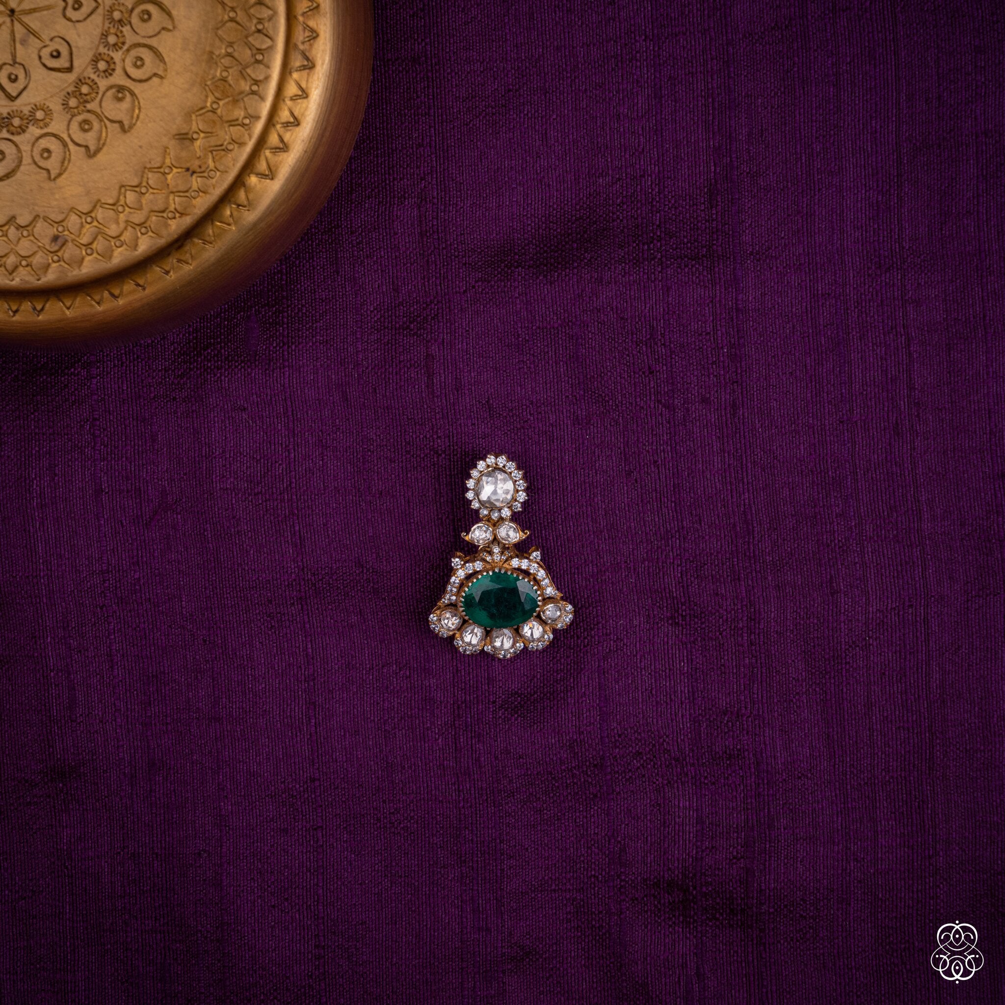 Marakatavalli pendant with a deep green lab-grown emerald oval in a moissanite crown, 92.5 sterling silver with 22k gold plating