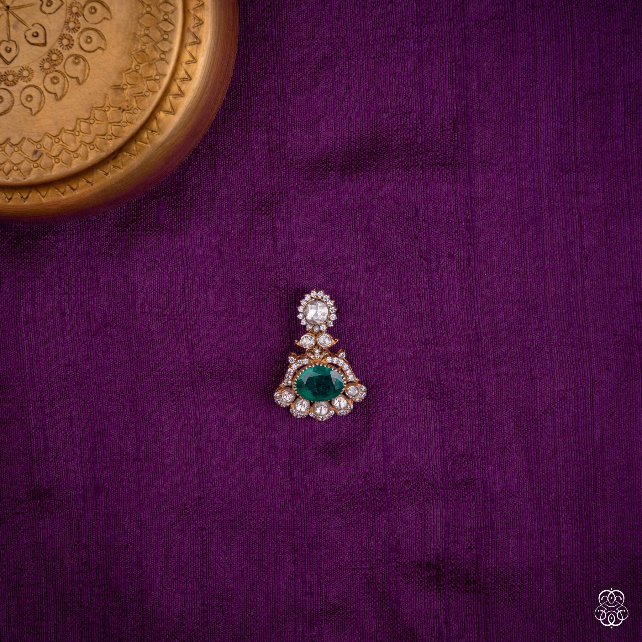 Marakatavalli pendant with a deep green lab-grown emerald oval in a moissanite crown, 92.5 sterling silver with 22k gold plating