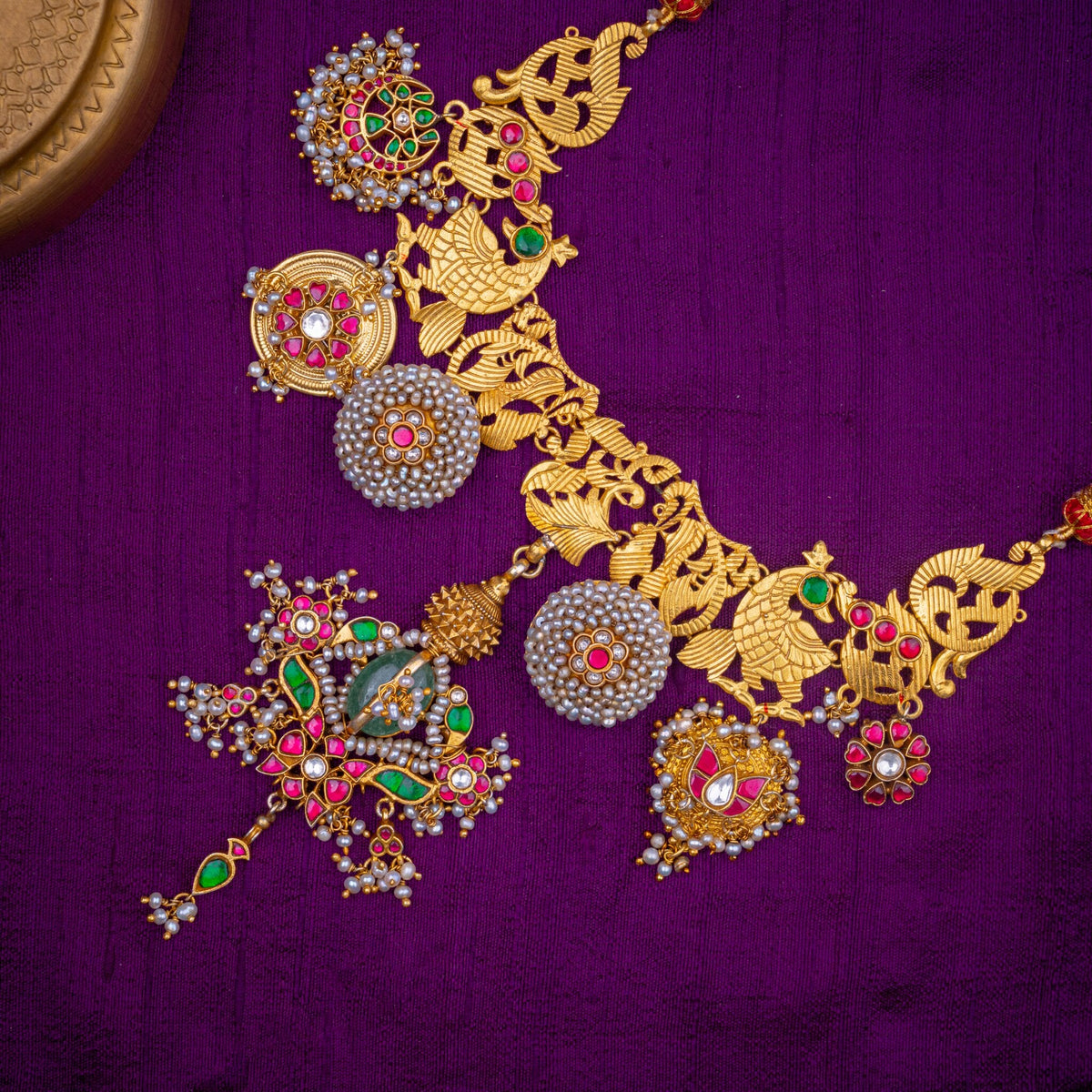 Marali Temple Necklace - temple-style swan necklace, set with ruby and emerald kundan, green stone and fresh water pearls, in 92.5 sterling silver with 22k gold plating