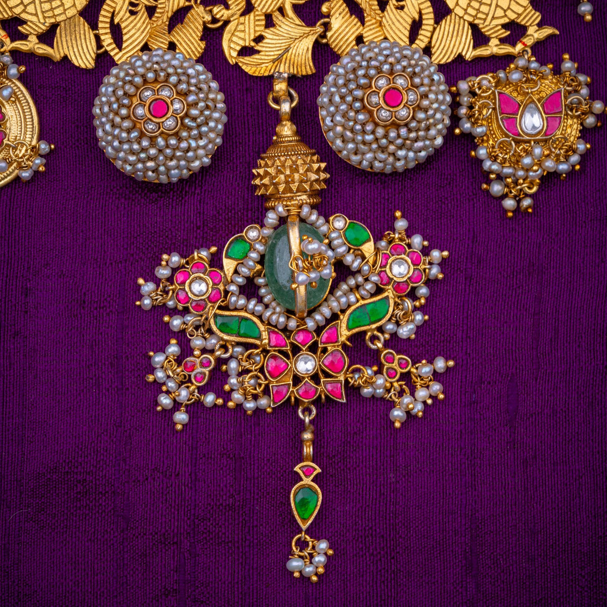 Marali Temple Necklace - temple-style swan necklace, set with ruby and emerald kundan, green stone and fresh water pearls, in 92.5 sterling silver with 22k gold plating - view 3