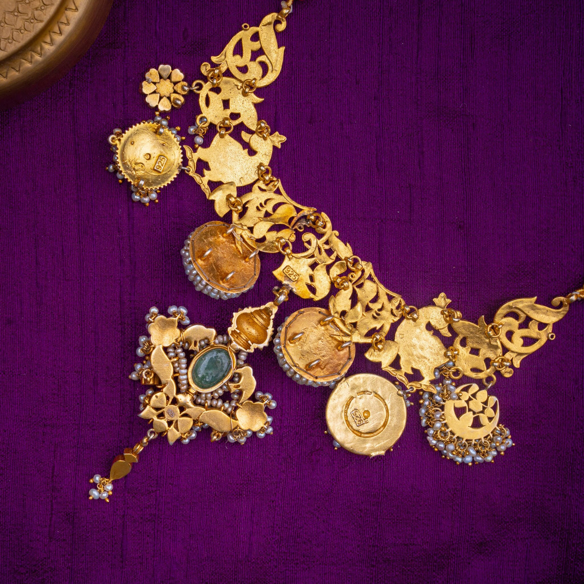 Marali Temple Necklace - temple-style swan necklace, set with ruby and emerald kundan, green stone and fresh water pearls, in 92.5 sterling silver with 22k gold plating - view 5