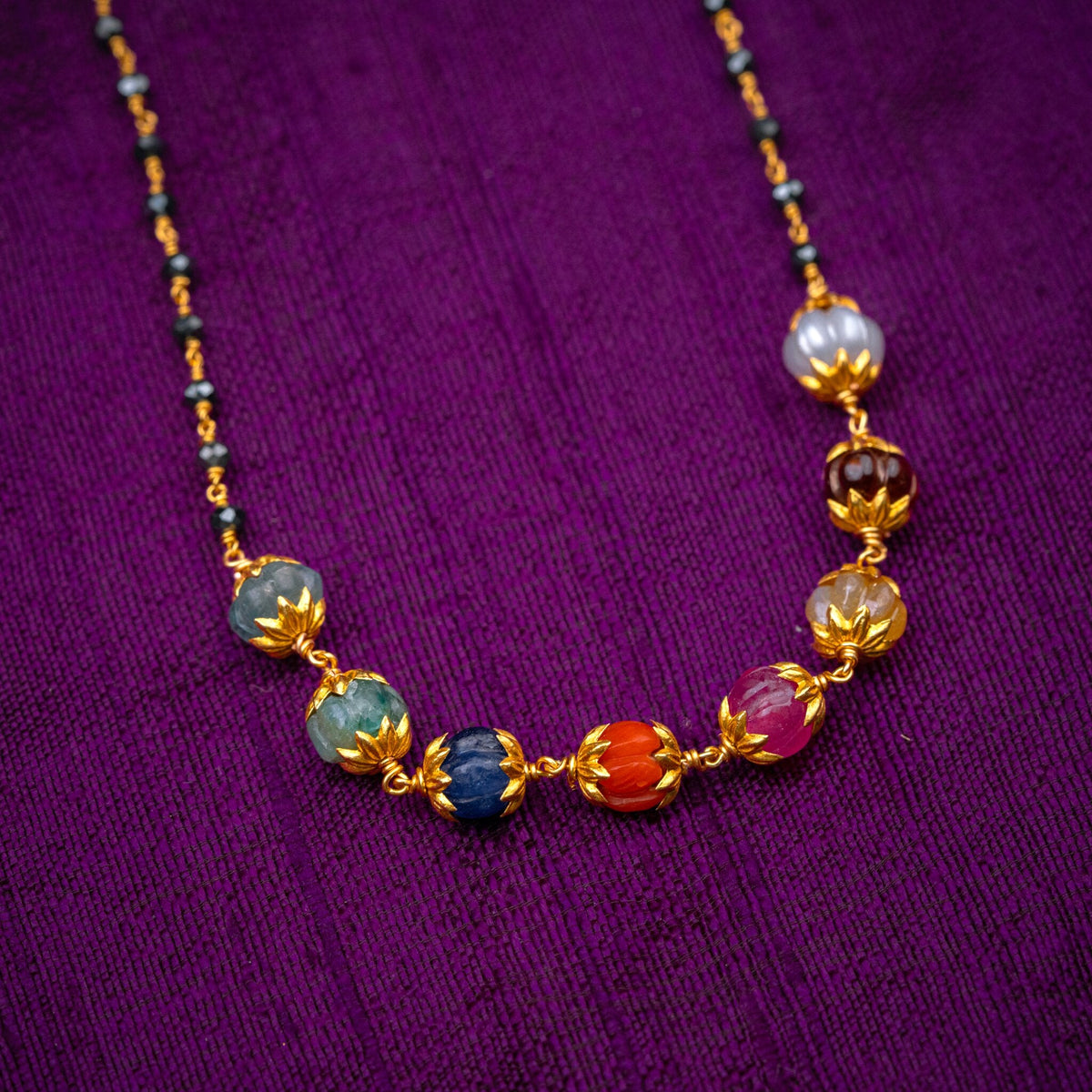 Navagraha Black Beads Chain - black beads chain with navaratna beads, set with carved navaratna beads, a fresh water pearl and black beads, in 92.5 sterling silver with 22k gold plating - view 2