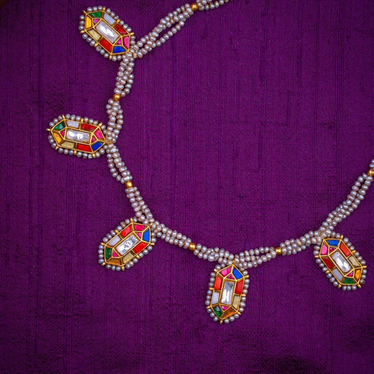 Navarangi Pearl Necklace - multi-strand pearl necklace with navaratna motifs, set with navaratna and white kundan and fresh water pearls, in 92.5 sterling silver with 22k gold plating - view 2
