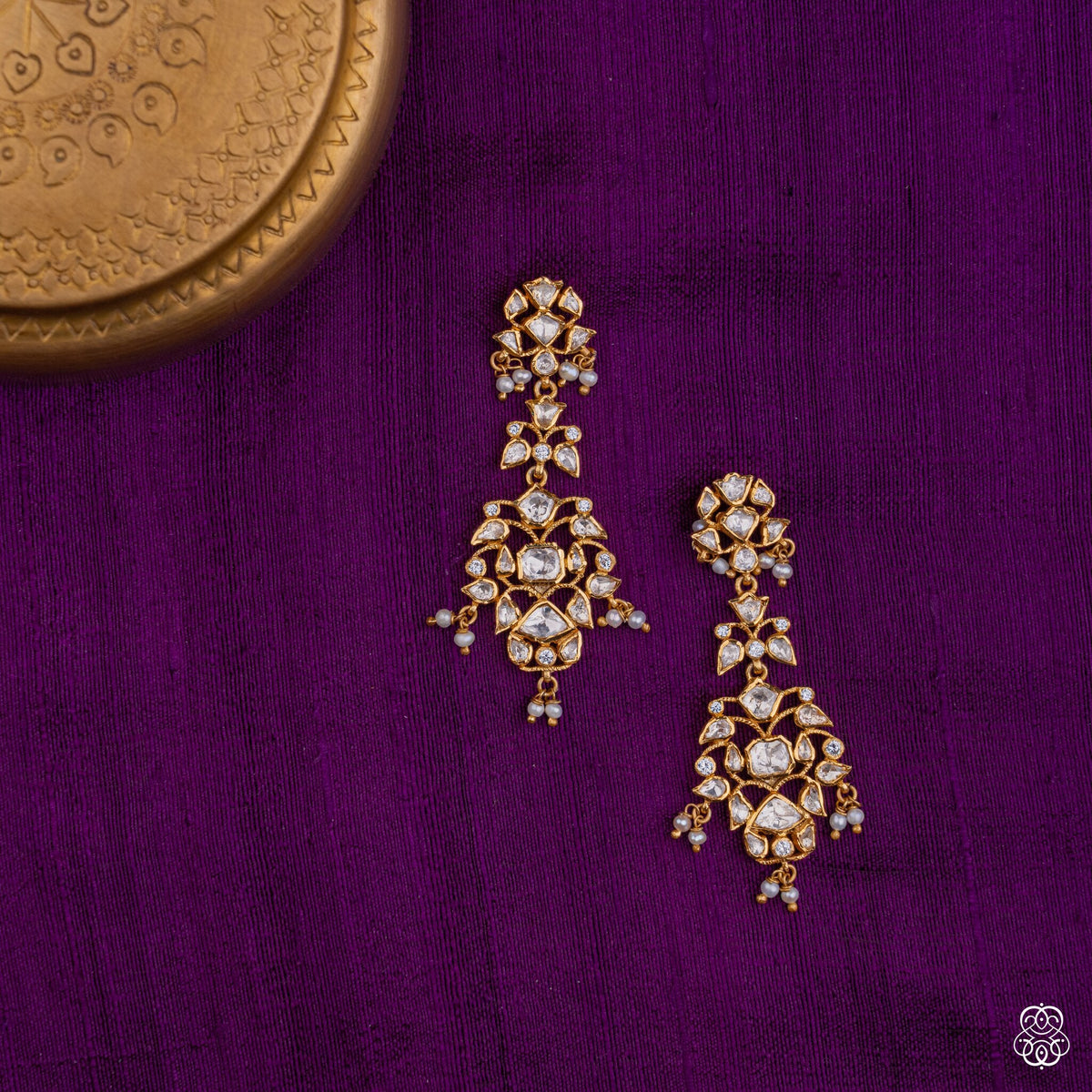 Nazakat tiered white kundan chandelier earrings with pearl fringe in 92.5 sterling silver with 22k gold plating